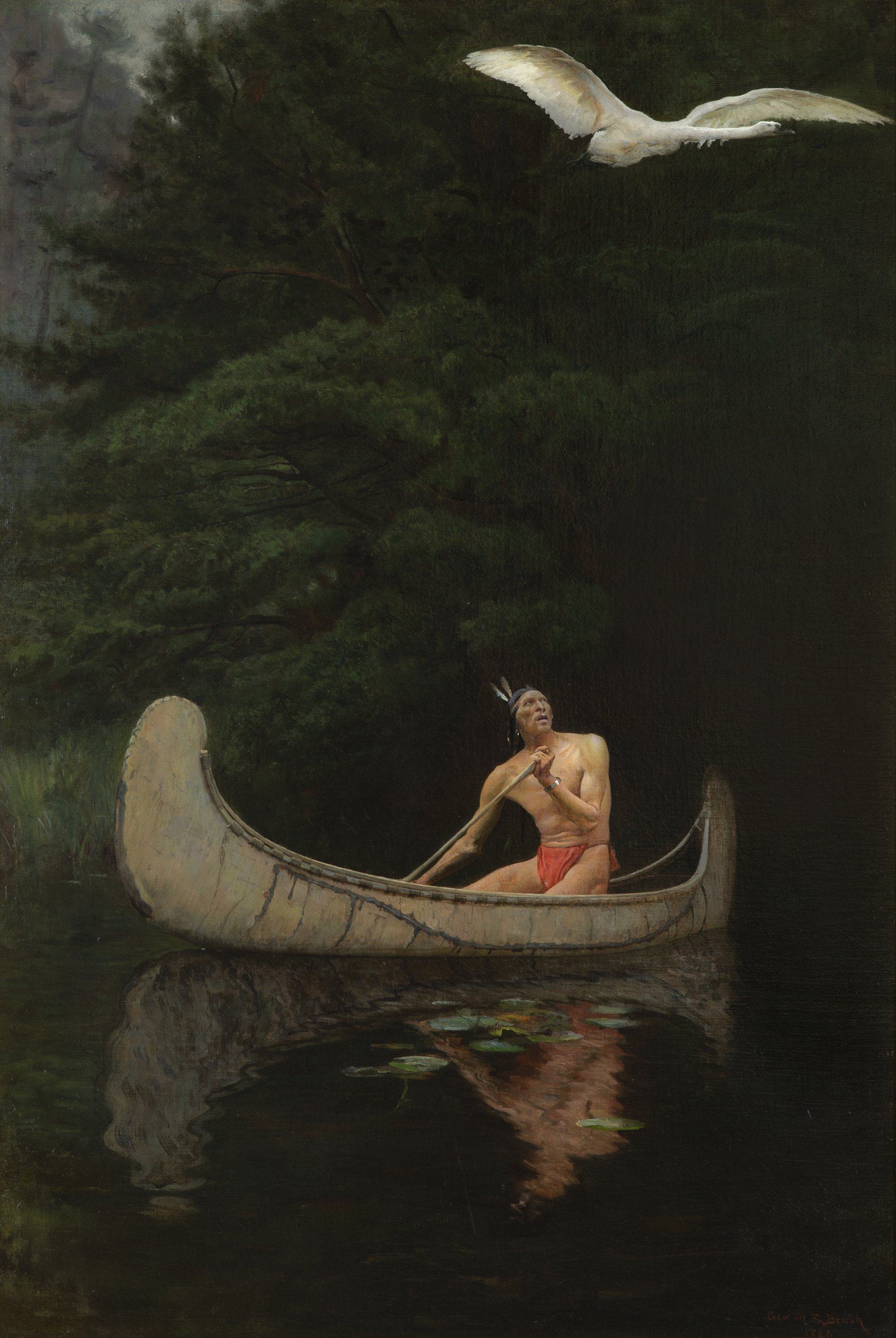  GEORGE DE FOREST BRUSH (1855-1941)     The Silence Broken ,&nbsp;1886.&nbsp;Oil on canvas.&nbsp;26.75 x 18.25 inches. 