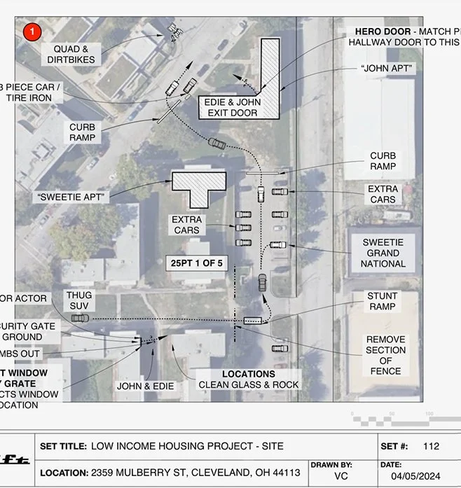 DIRECTOR'S PLAN - EXT LOW INCOME HOUSING CAR CHASE SEQUENCE