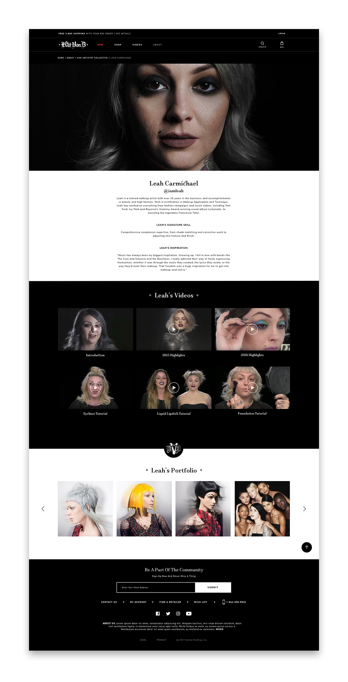 This is an artist bio page that I designed. We wanted to be sure to feature a short bio, tutorials and the artist's portfolio.