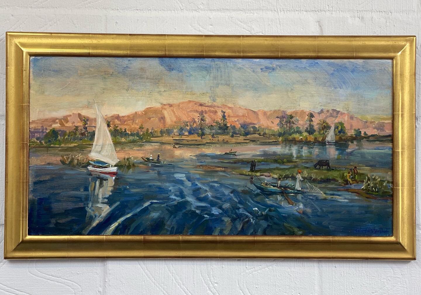 &lsquo;Life on the Nile&rsquo; oil on canvas 38 x 76 - painted in Egypt. Such an extraordinary life giving river. The epicentre of humanity. It was so surreal and peaceful to stand and watch scenes that have been unchanged for millennia. This paintin