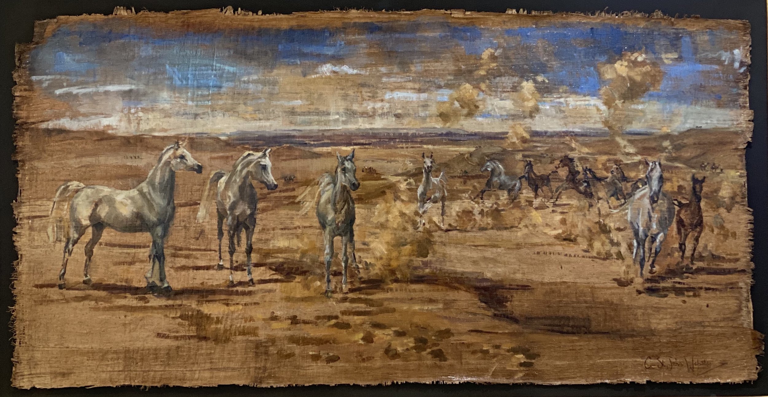 Arabian horses in the desert , oil on papyrus, 66 x 112 CM .jpeg