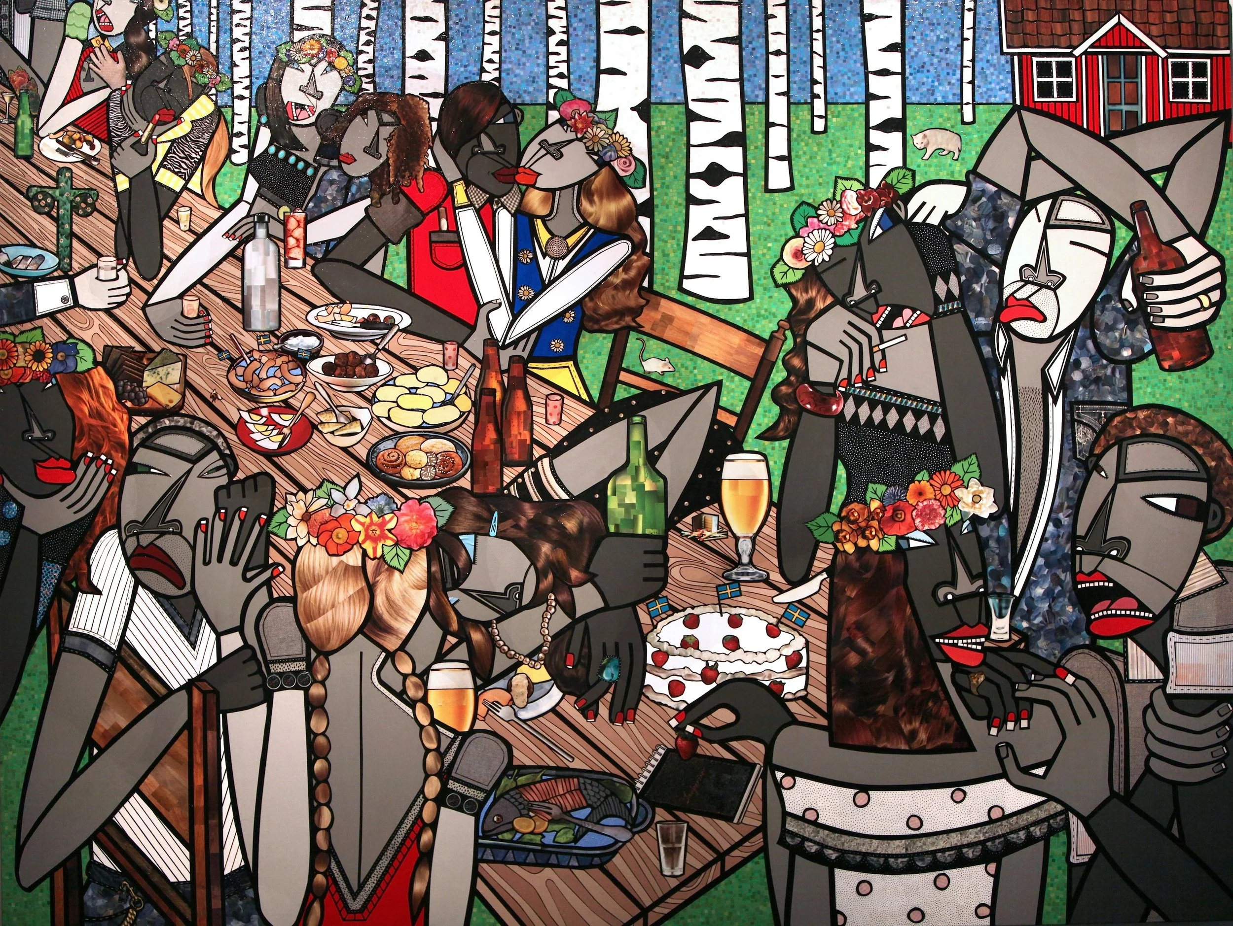 A Swedish Midsummer, acrylic and paper collage on canvas, 72 x 96 inches, 2009, private collection