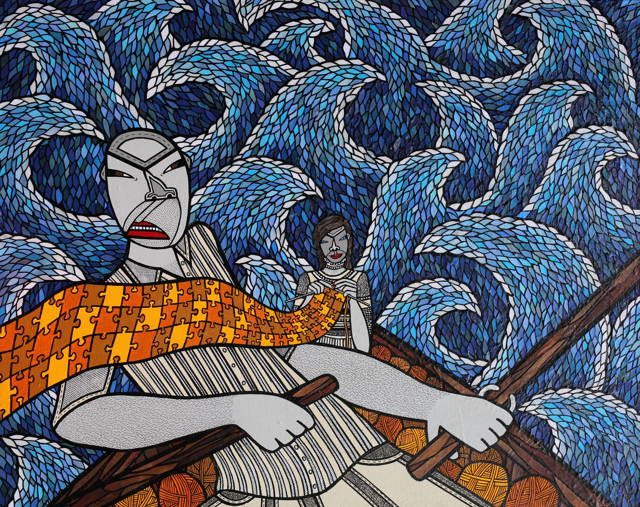 The Calm with in the Storm, acrylic, ink and paper collage on canvas, 24 x 30 inches, 2017