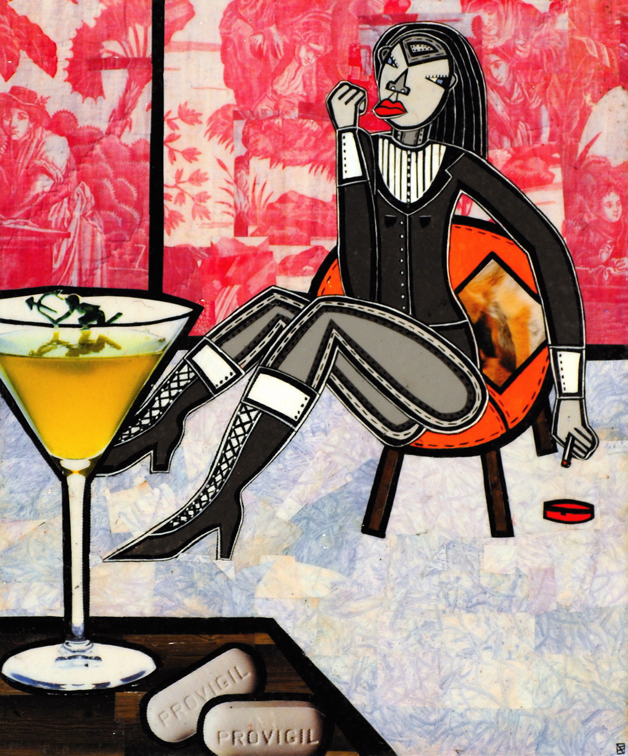 Drinking and Thinking, acrylic and paper collage on canvas, 12"x 10", 2007, private collection
