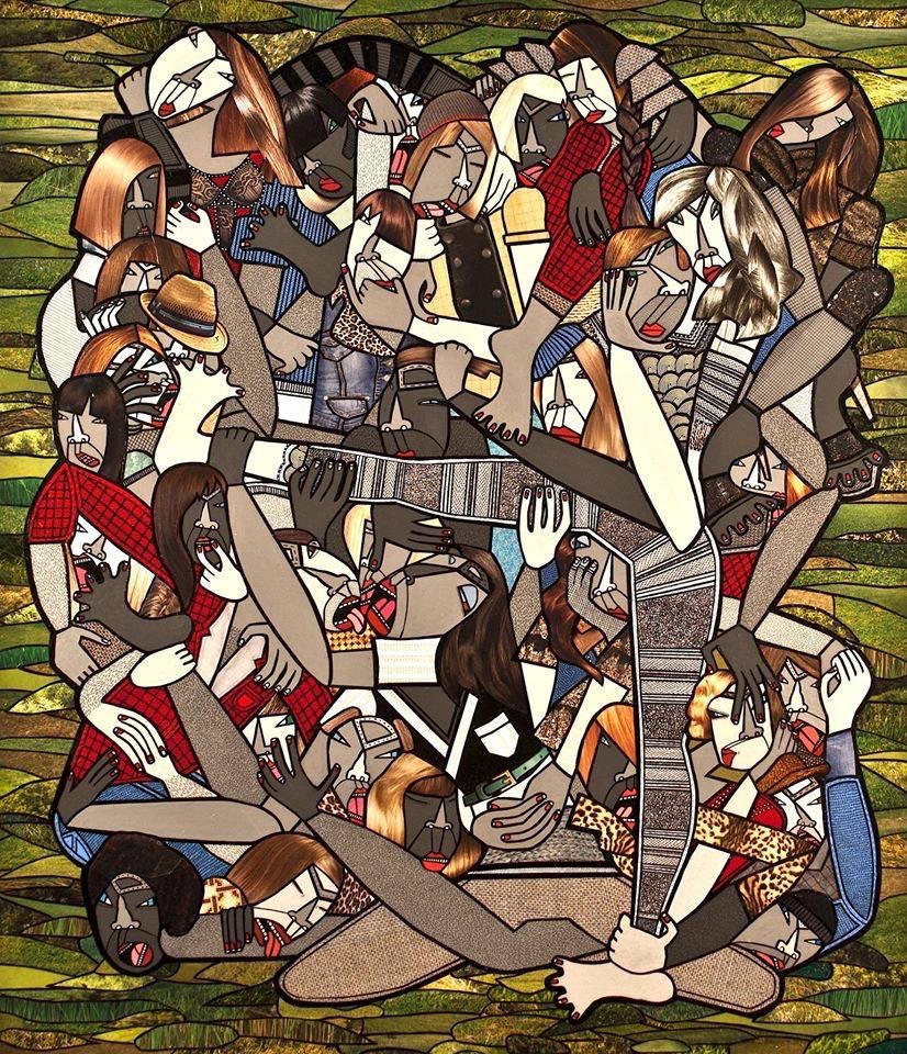 The Modern Plague, acrylic, ink and paper collage on canvas, 30 x 26 inches, 2012, private collection