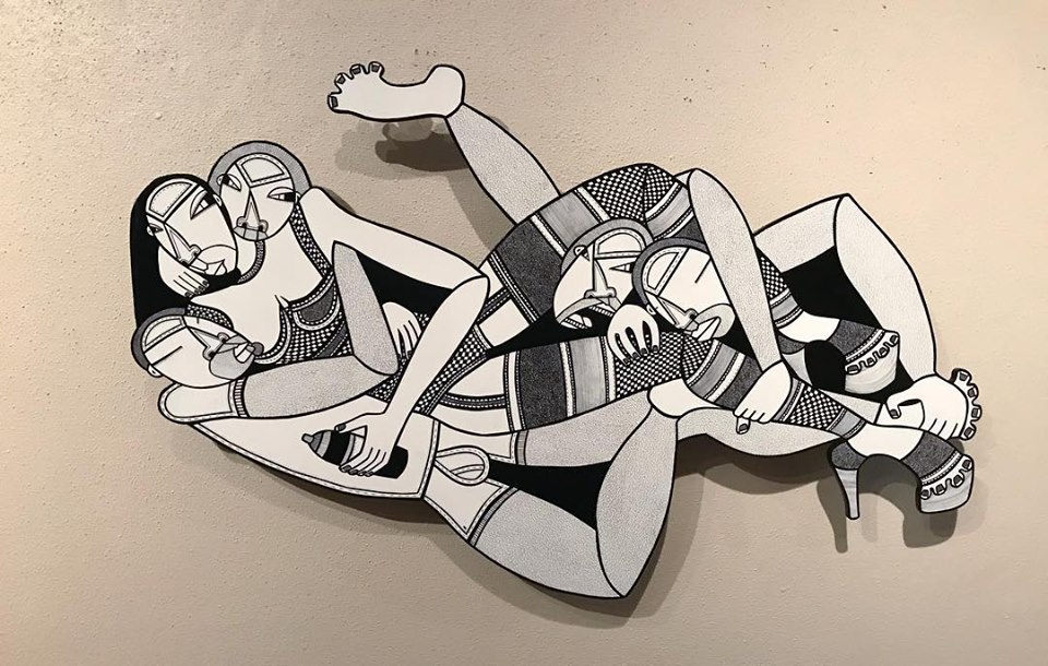  Mama’s Boys, 2018, acrylic and ink pen on cut-out birch plywood, 36 x 59 inches