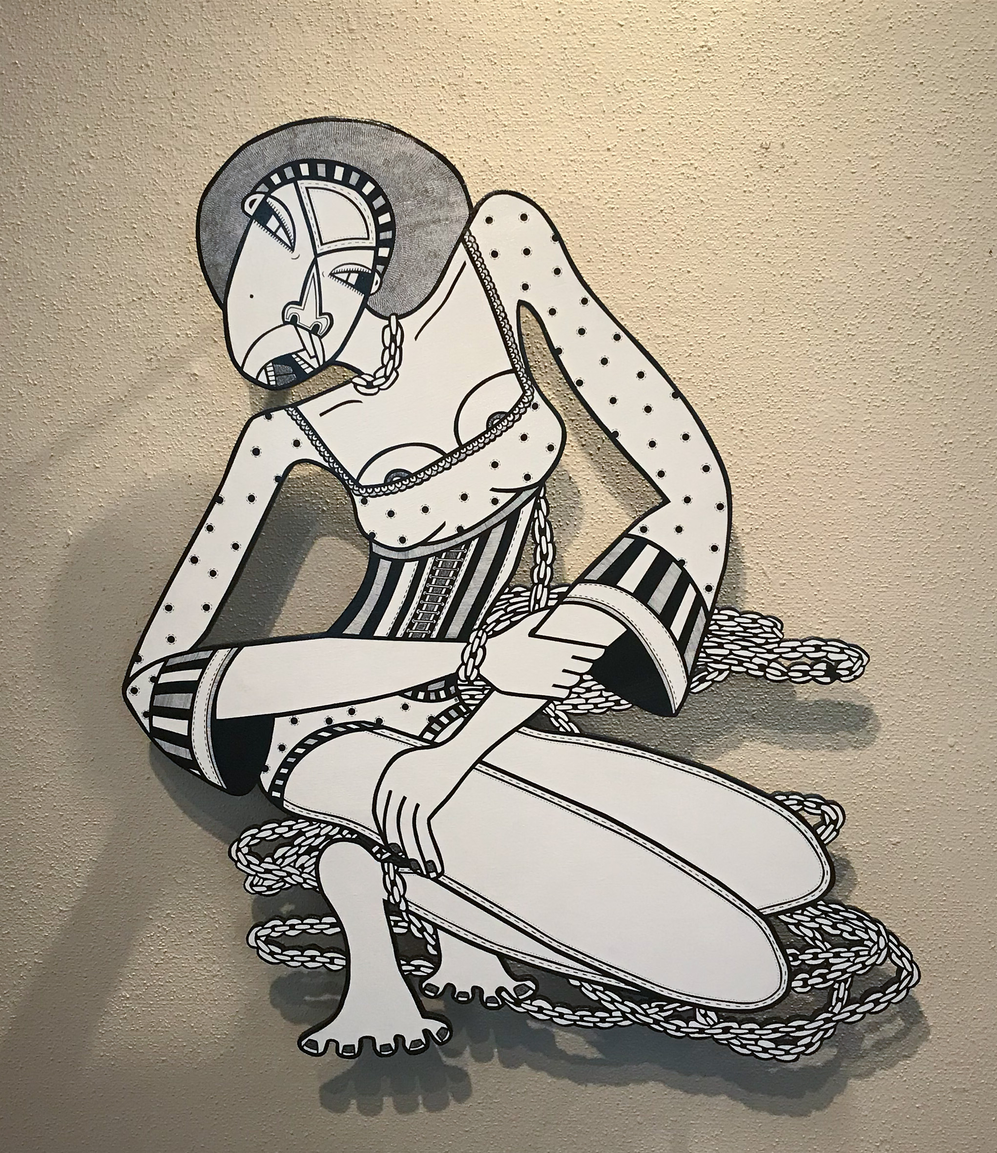 Self-deprecation, acrylic and ink on cut-out birch plywood, 42 1⁄2 x 37 inches, 2018