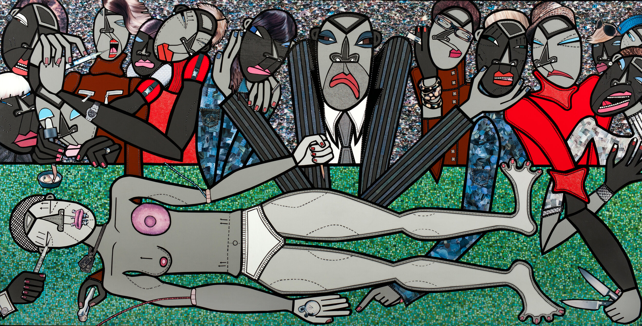 Drop Dead Gorgeous, 2008, acrylic and cut paper collage on canvas, 48 x 96 inches, private collection