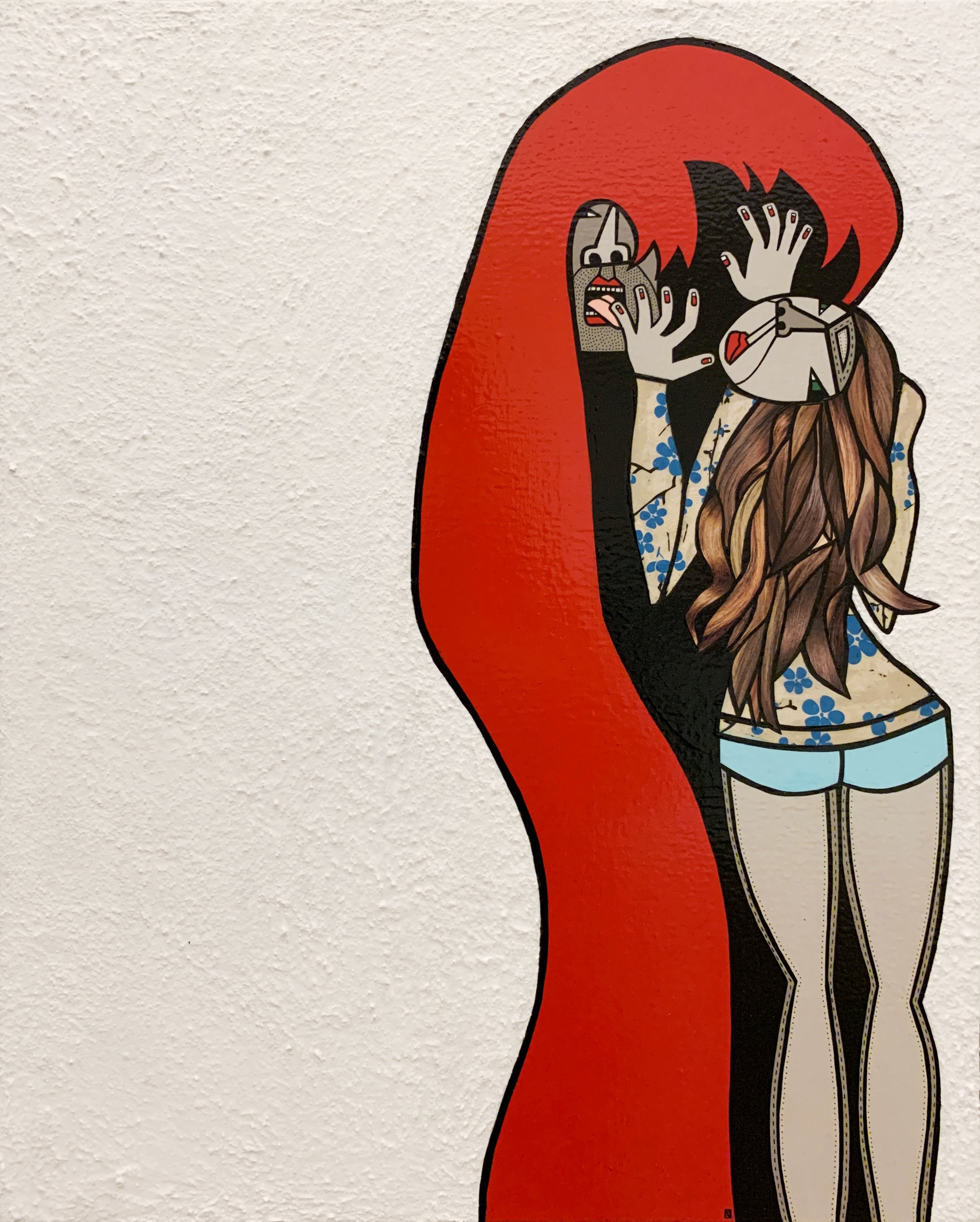 Money then Women, 2021, acrylic, ink pen, pumice and hand cut paper collage on canvas, 30 x 24 inches