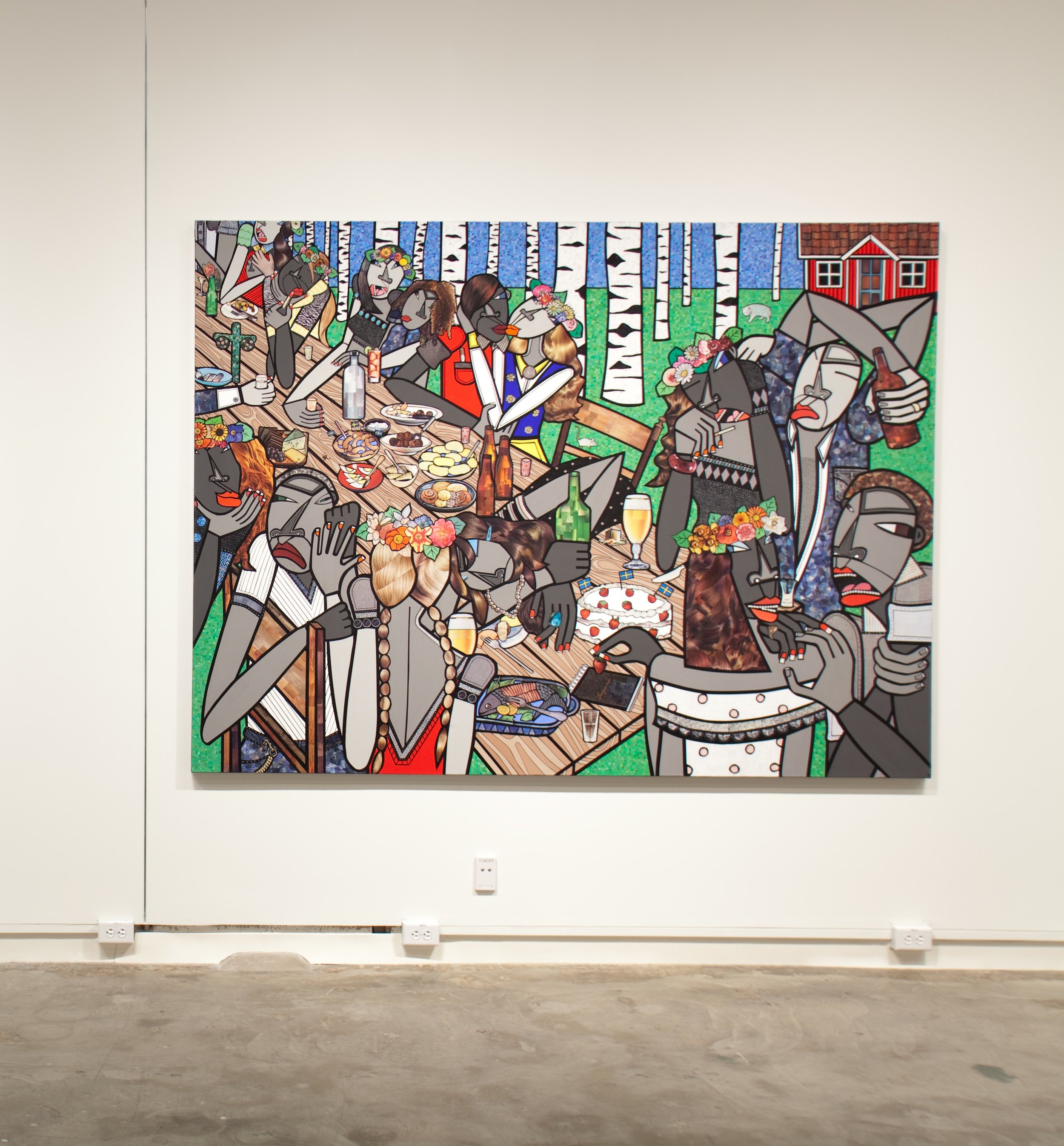 A Swedish Midsummer Feast, 2009, acrylic and hand cut paper collage on canvas, 72 x 96 inches