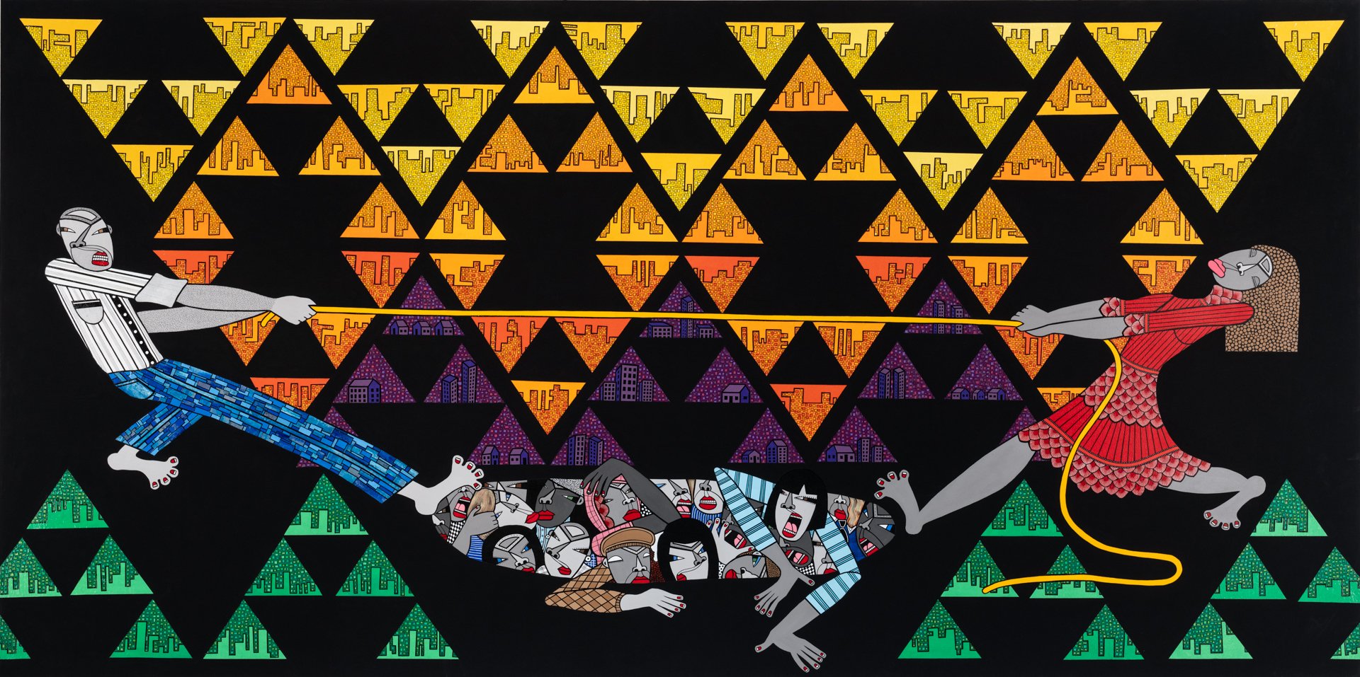  AllOne, 2023  Acrylic, ink pen and hand cut paper collage on canvas  72 x 144 inches     