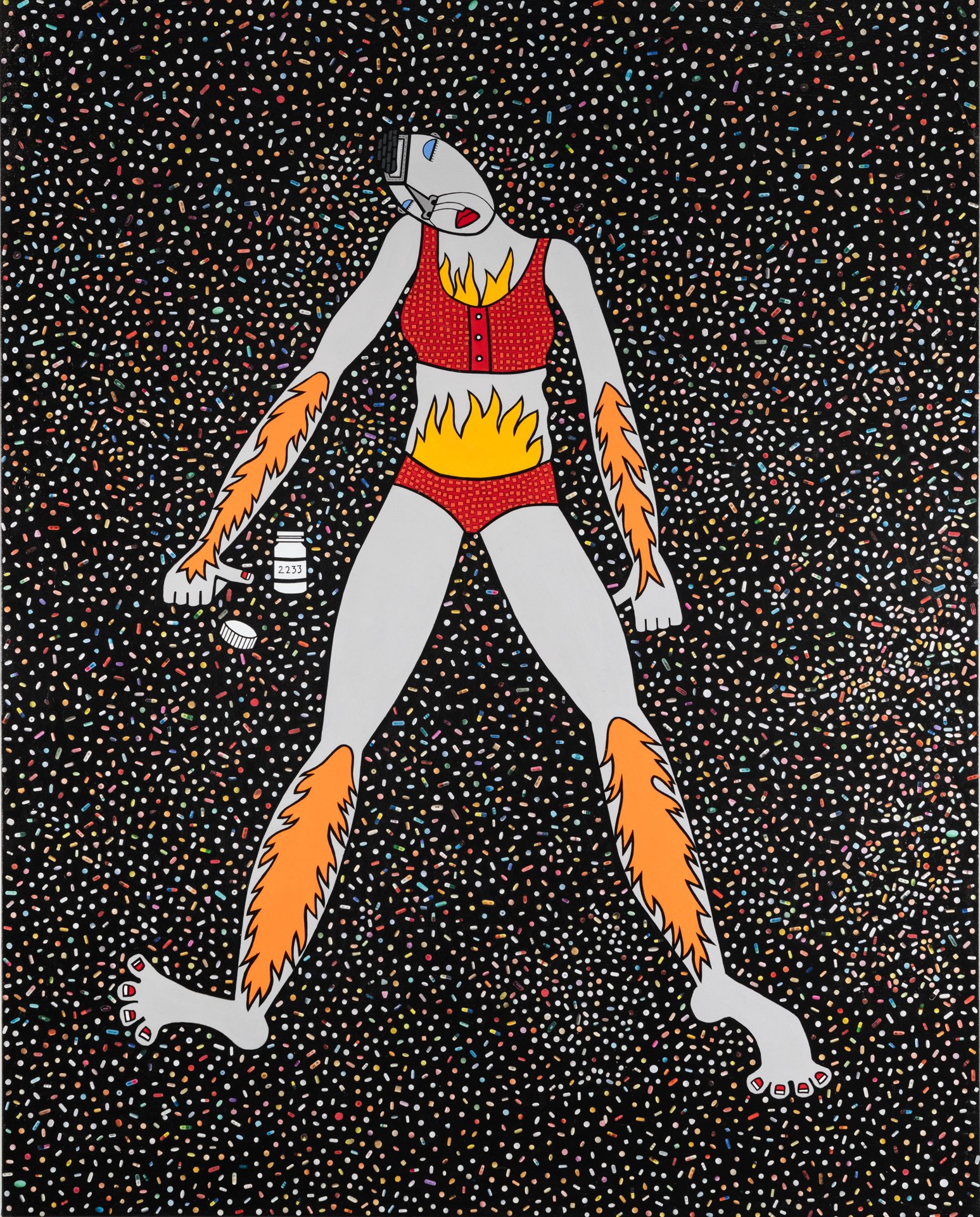  Superwoman, 2024  Acrylic, ink pen and hand cut paper collage on canvas  80 x 64 inches   