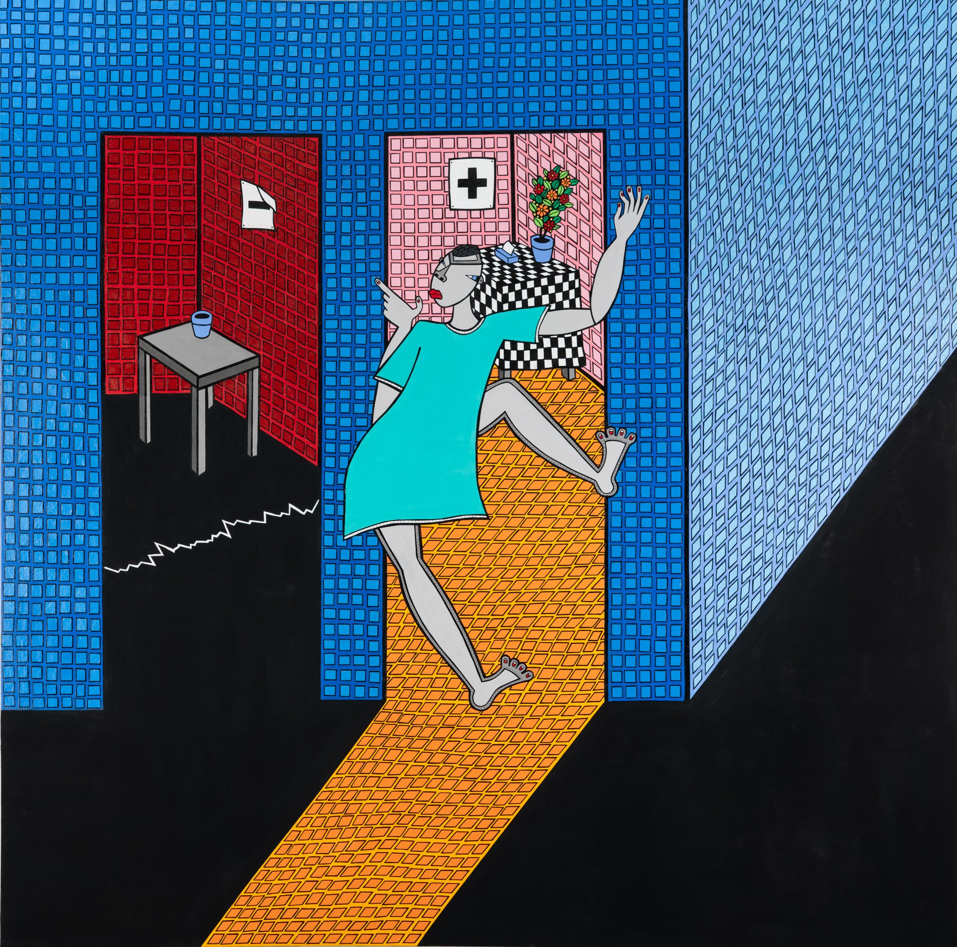  Positive Negative Room, 2024  Acrylic, ink pen and hand cut paper collage on canvas  72 x 72 inches   