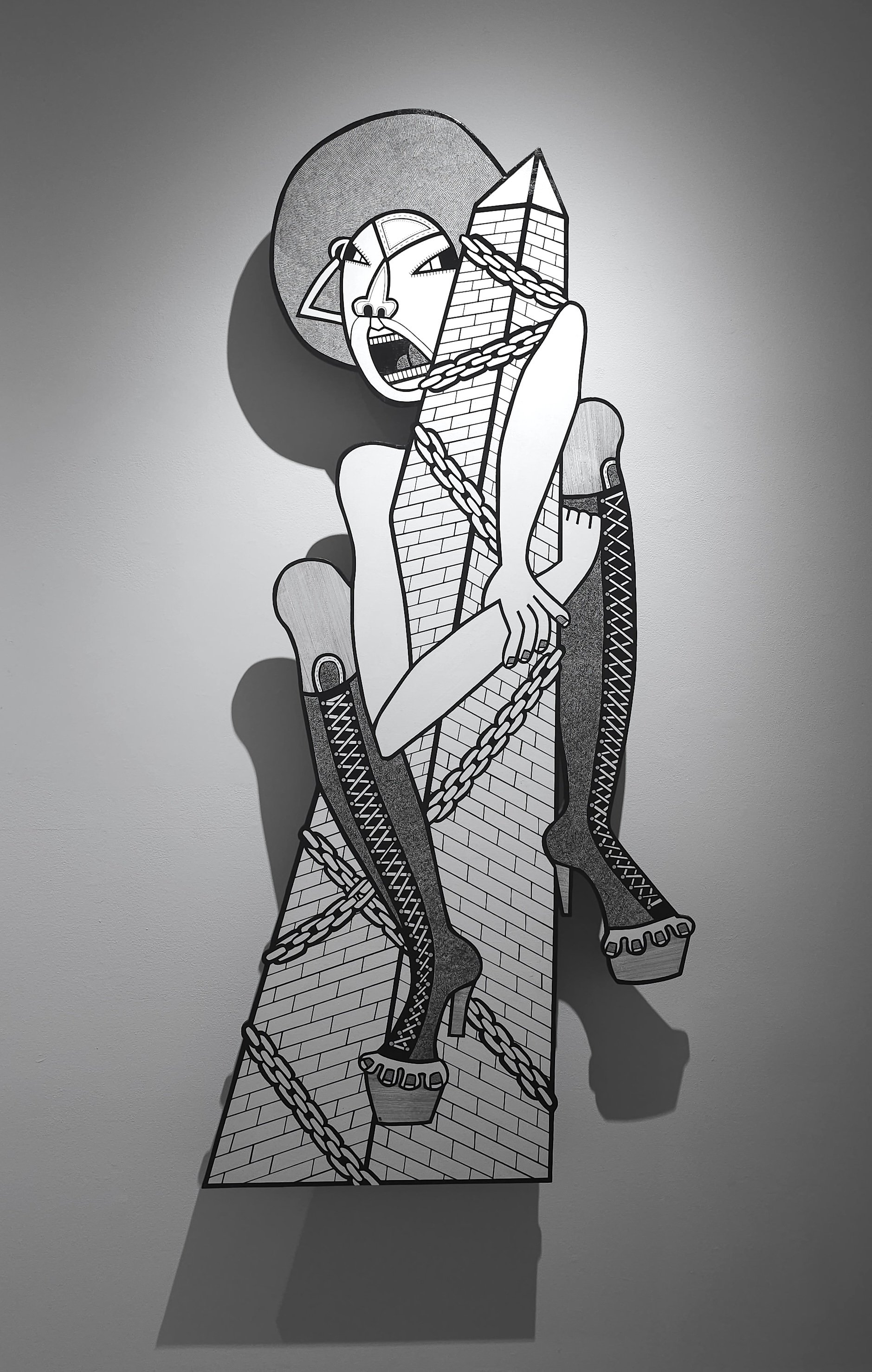 On Top, acrylic and ink on cut-out birch plywood, 68 x 31 1⁄2 inches, 2018