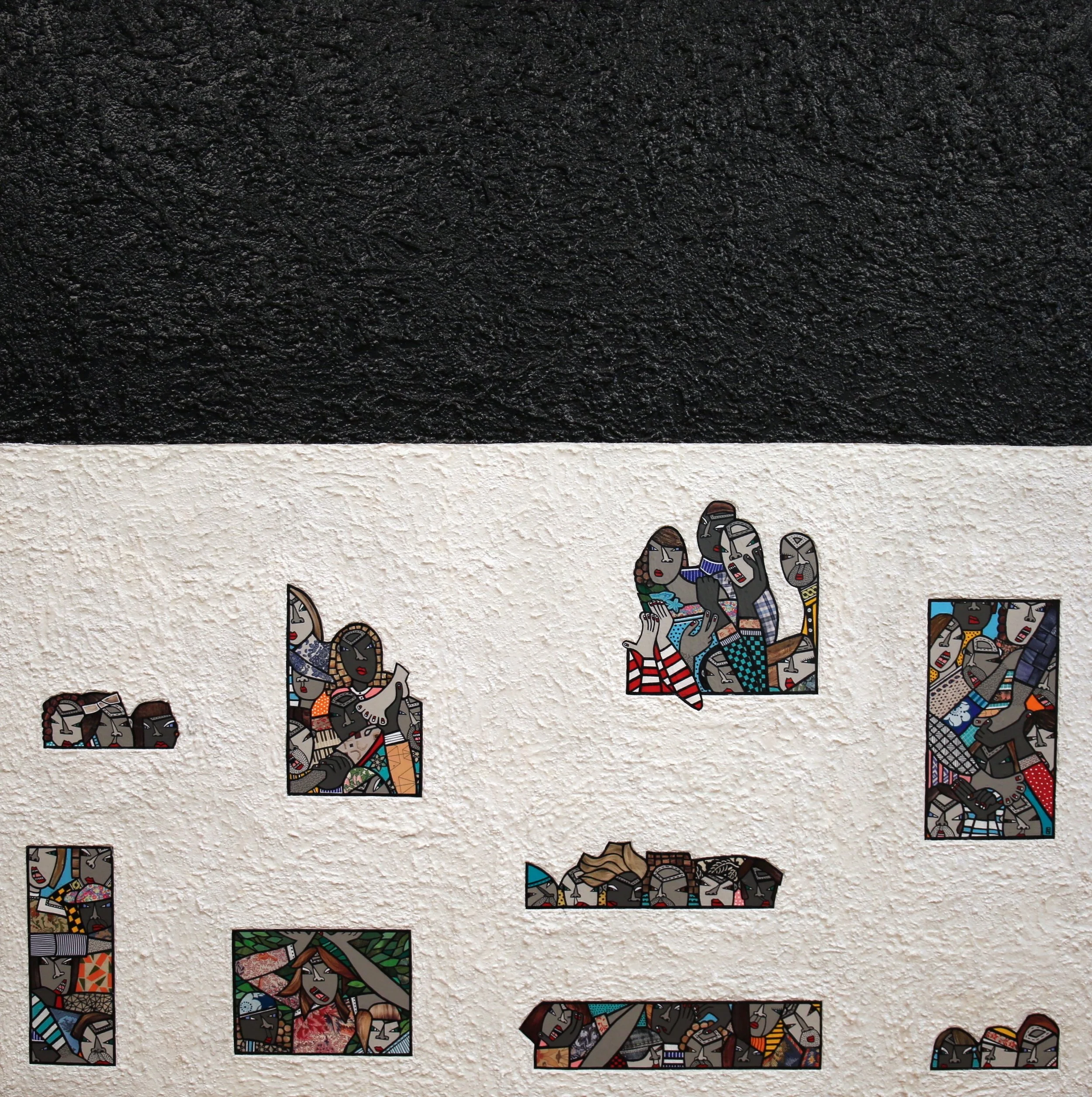 Break Out , 2021, acrylic, ink pen, pumice and cut paper collage on canvas, 40 × 40 inches (102 × 102 cm)