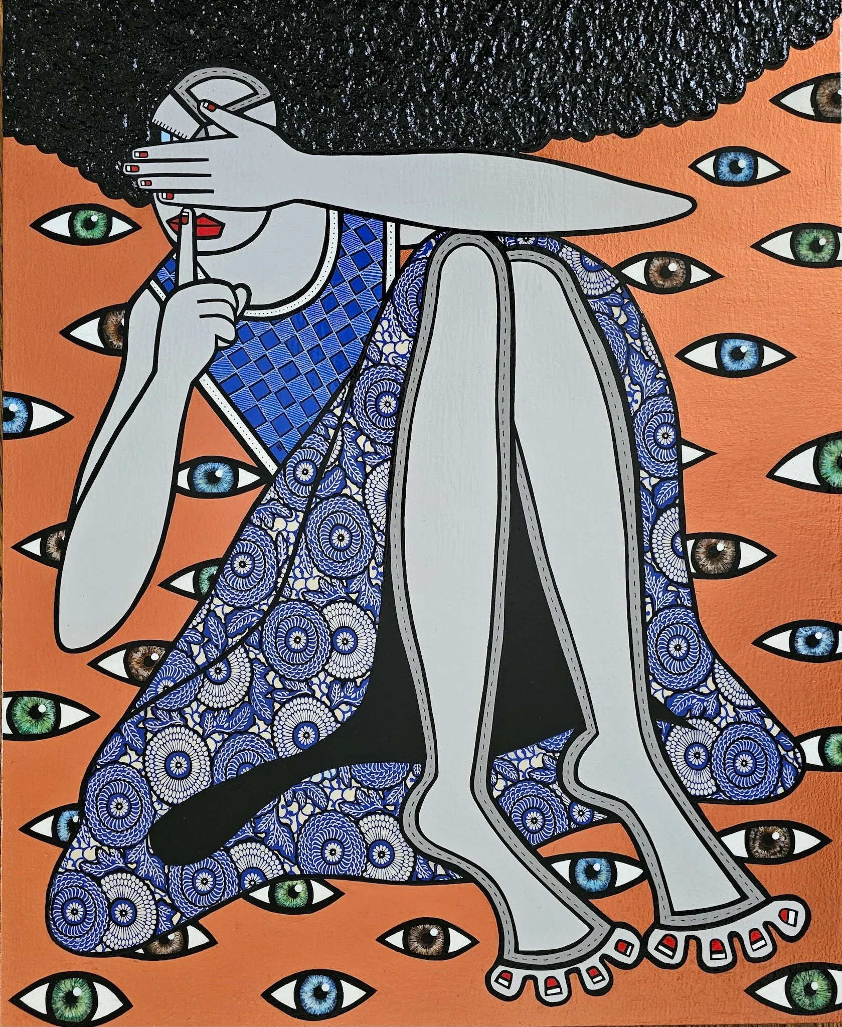 Ms Clandestine , 2023, acrylic, ink pen and cut paper collage on canvas 32 x 26 inches (81 x 66 cm)