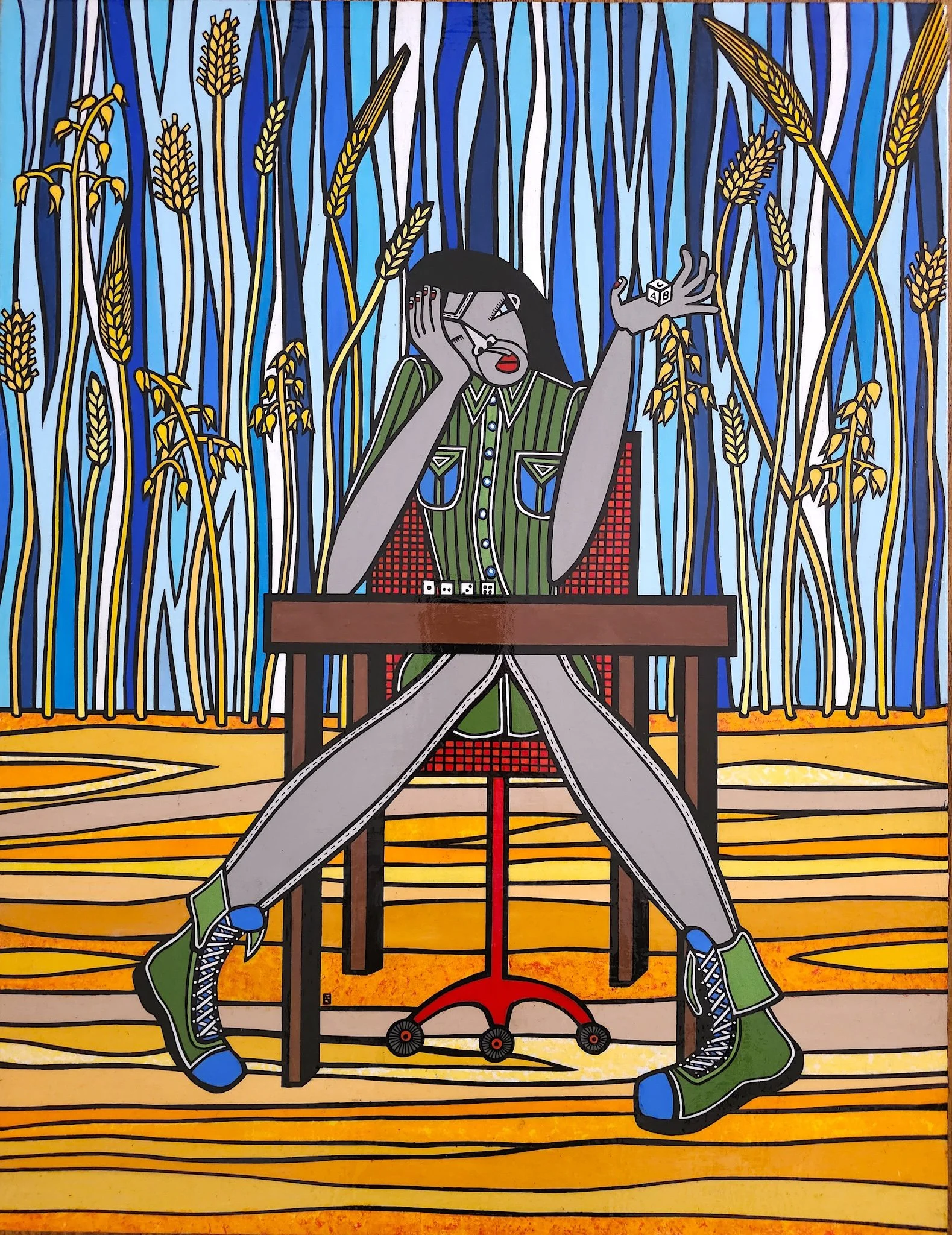 Destined by Destiny, 2021 Acrylic, in k pen, and cut paper collage on canvas 26 × 20 in.