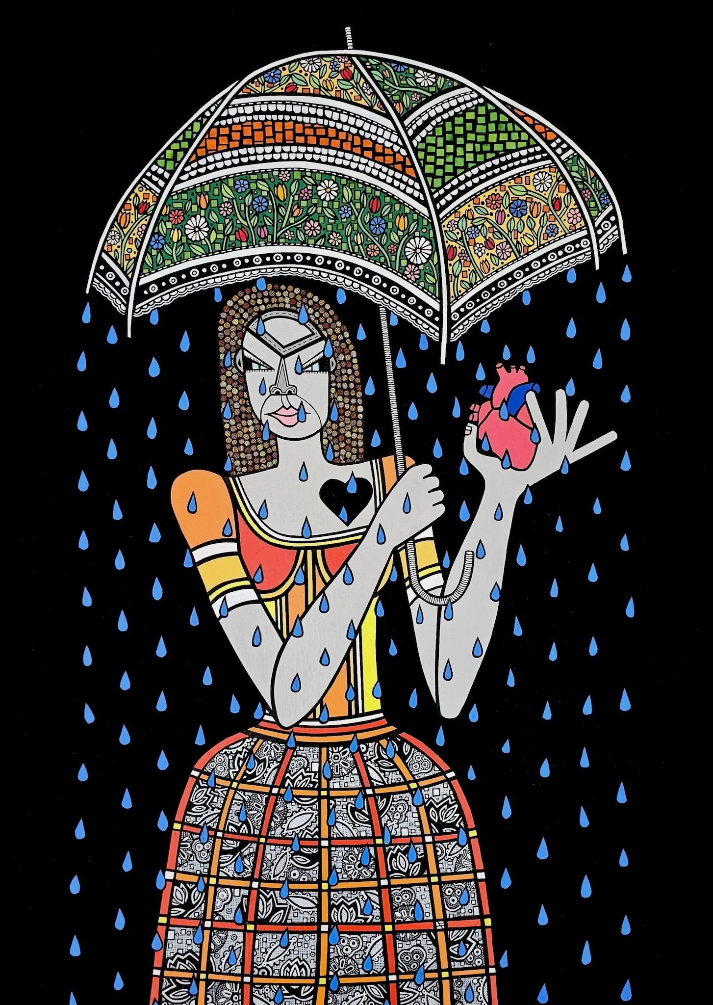 Happy on the Outside, 2024 Acrylic, ink pen, and cut paper collage on canvas 28 × 40 in. 