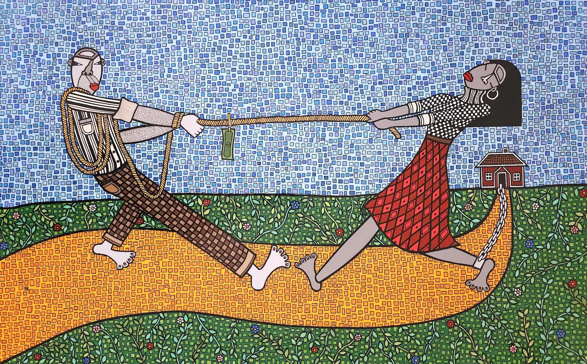 Pay Gap Trap, 2023 Acrylic, ink pen, and cut paper collage on canvas 25 × 40 in. 
