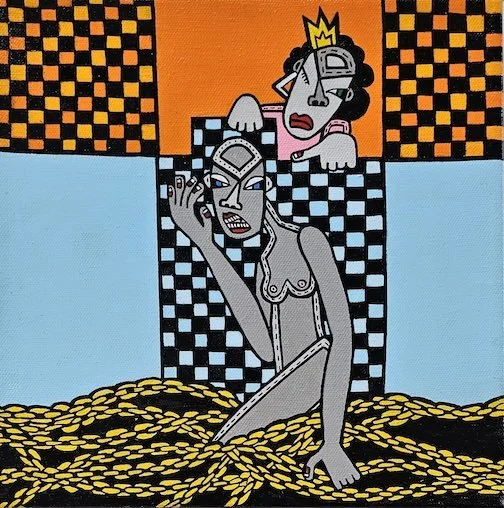   Strings of Gold, Chains of Expectation,  (2025) Acrylic on canvas, 10 × 10 in 