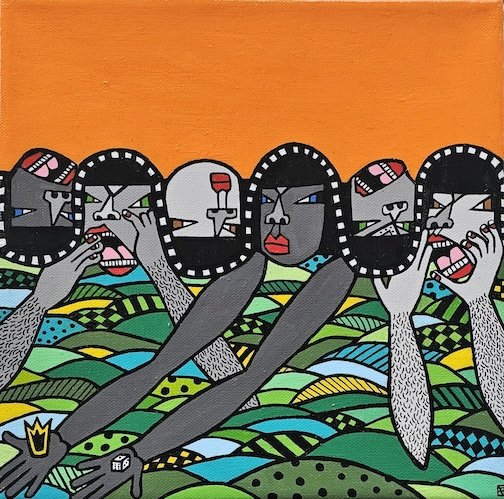   Different Worlds, Same Sky ,  (2025) Acrylic on canvas, 10 × 10 in 