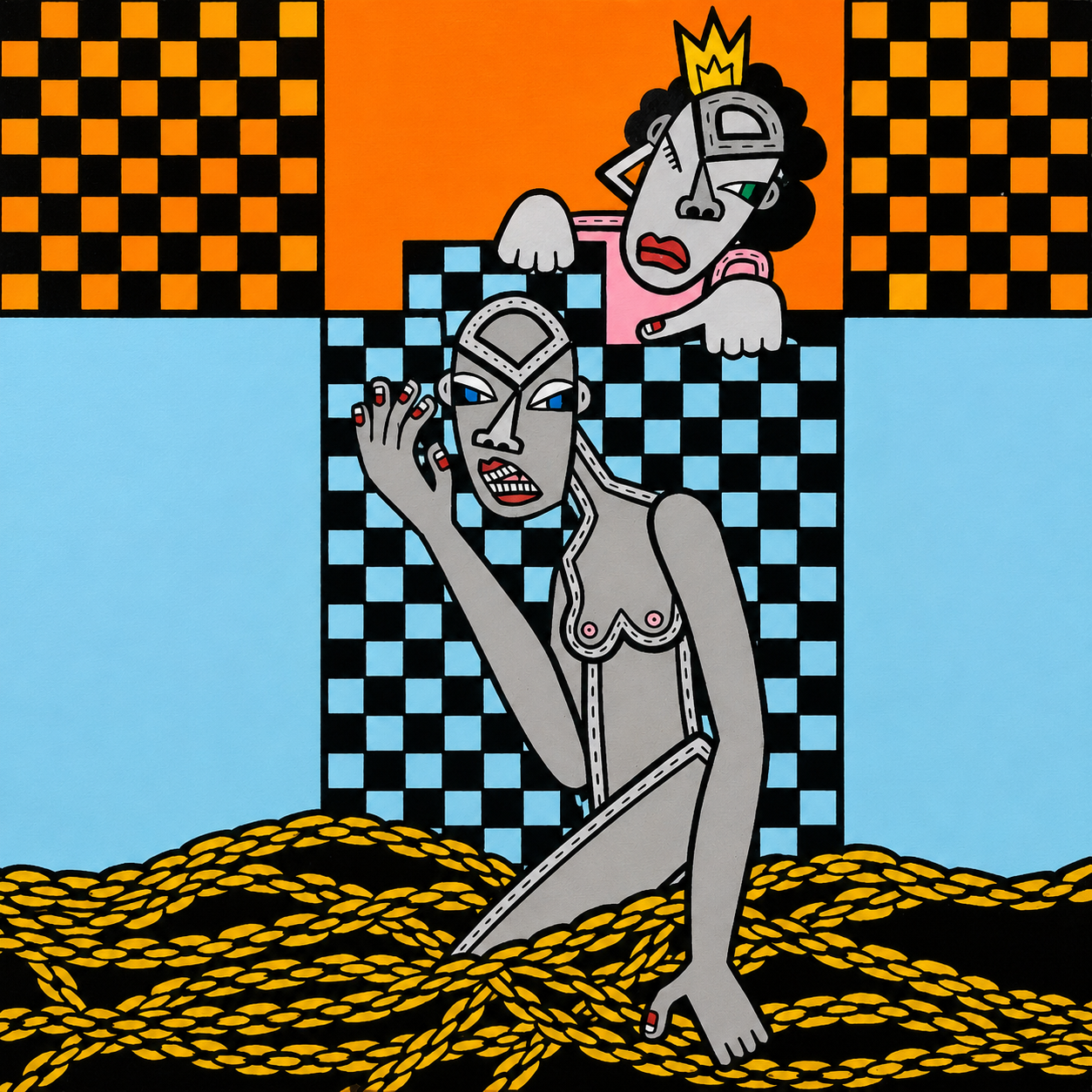   Strings of Gold, Chains of Expectation,  2026 Acrylic on canvas 10 × 10 in. 