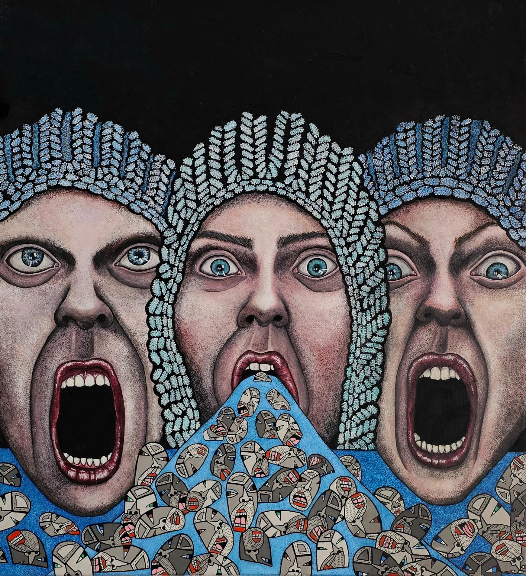   Hellp , 2026 Acrylic, ink, and hand-cut paper collage on canvas 32 × 32 in. 