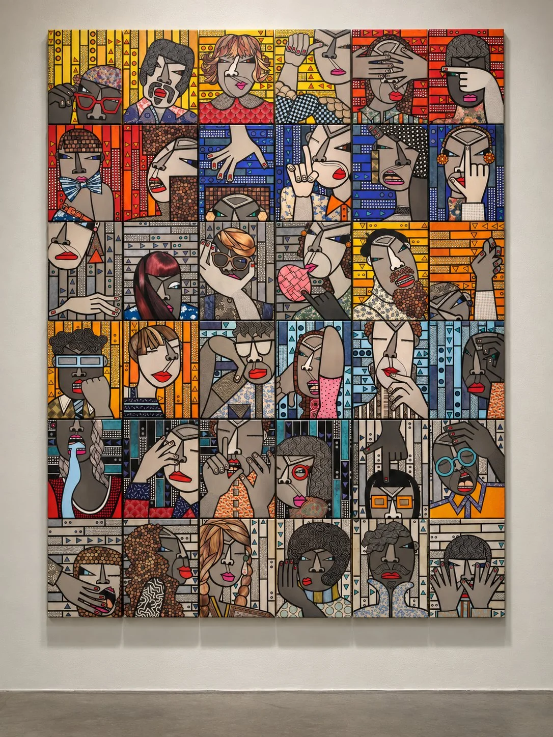  Diffusion of Responsibility, 2021, Acrylic, ink pen, and hand-cut paper collage on 36 individual canvases, 84 × 66 x 1½ in. overall; 36 panels, each 14 × 11 × 1½ inches 