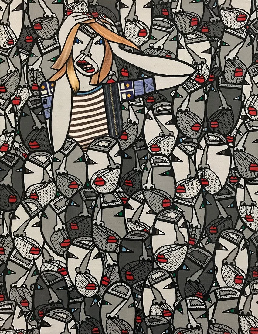  Marti, 2019, acrylic, ink pen and hand-cut paper collage on canvas, 14 × 11 inches 