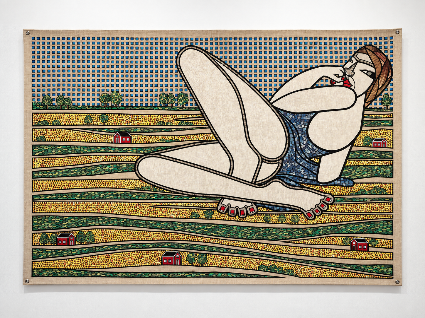   Skanetease , 2019, acrylic, ink pen and cut paper collage on raw linen 