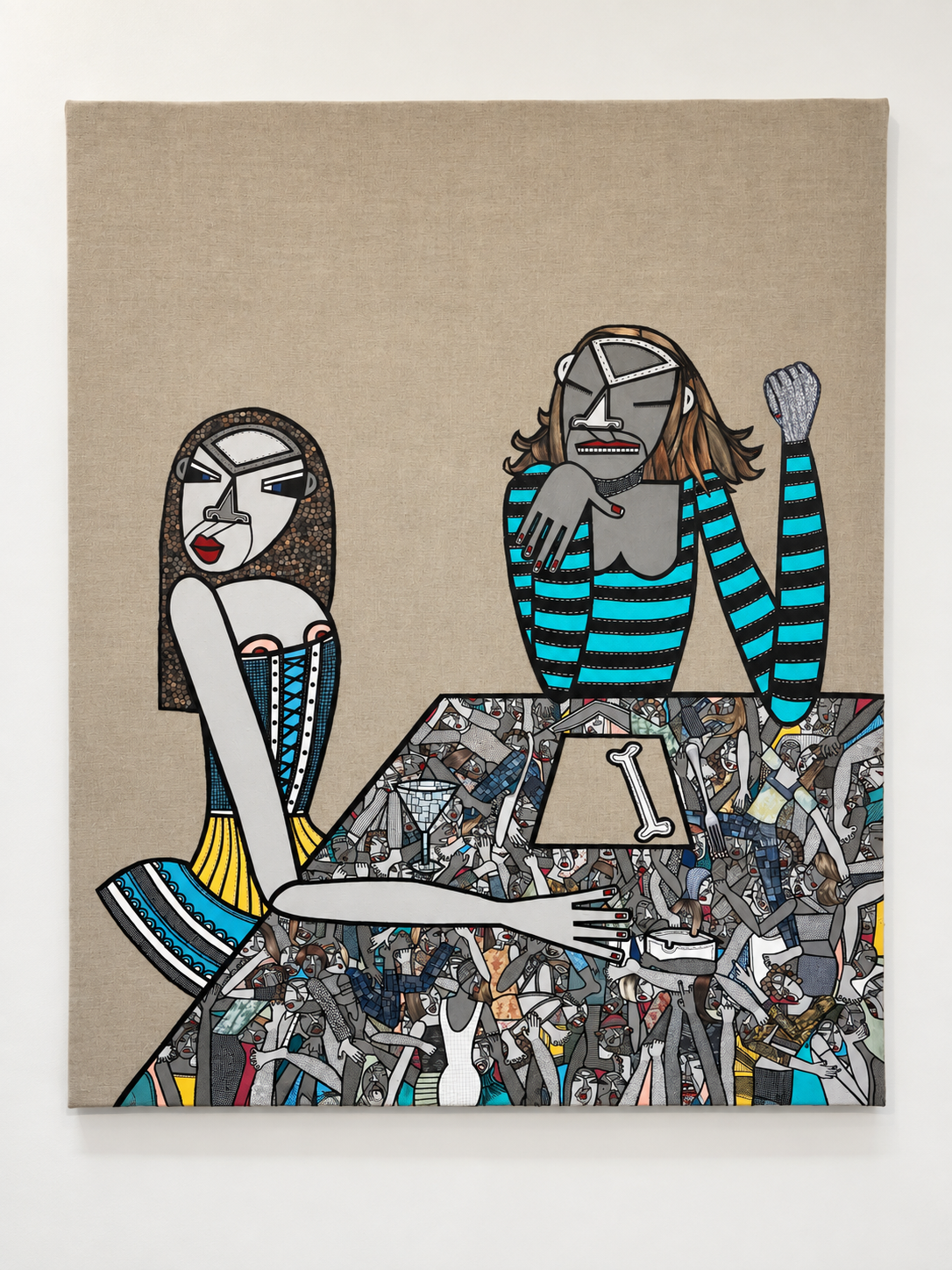   Guess Who is Coming for Dinner , 2019, acrylic, ink pen and cut paper collage on raw linen 