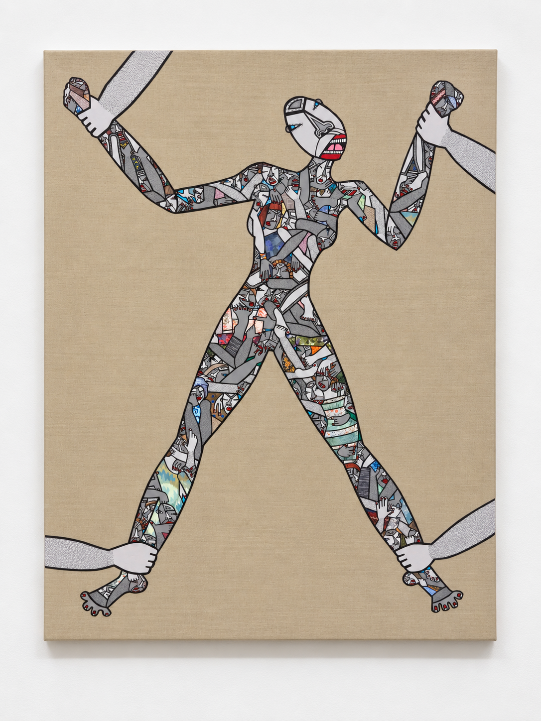   Tug of War,  2019, acrylic, ink pen and cut paper collage on raw linen 