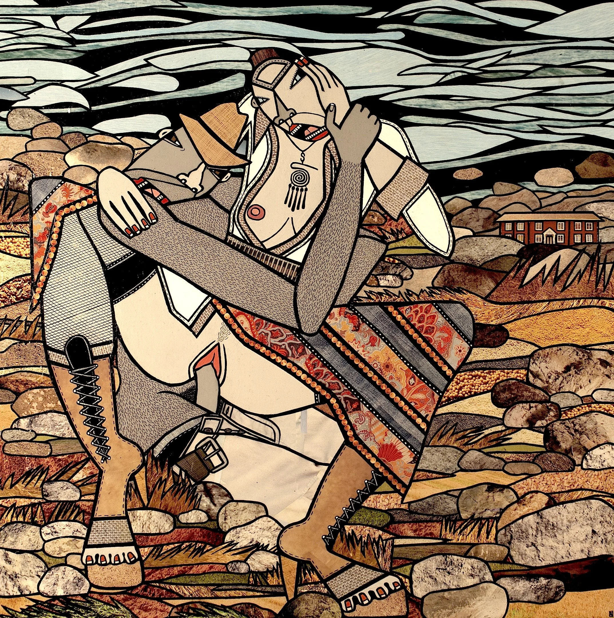   How Swede it is! , acrylic, ink pen and cut paper collage on raw linen 