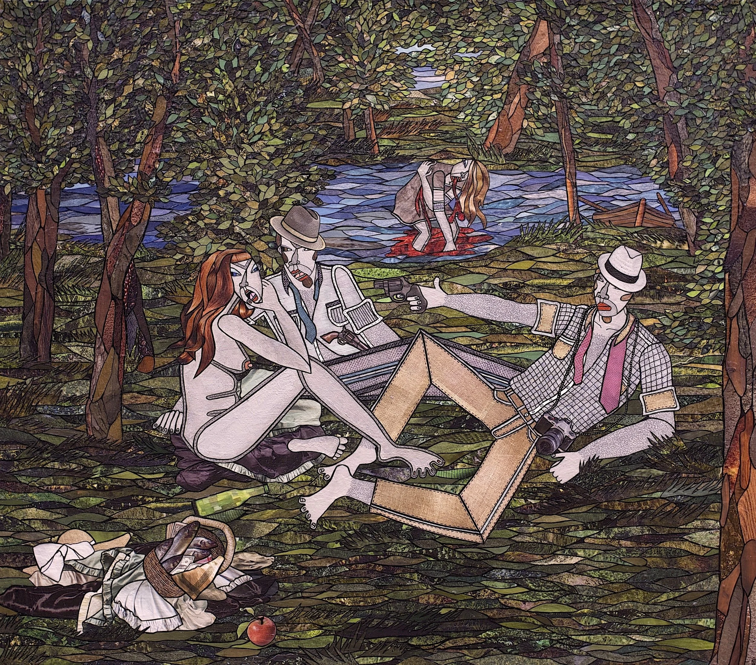   Luncheon on the Gun , 2012, acrylic, ink pen and cut paper collage on canvas 