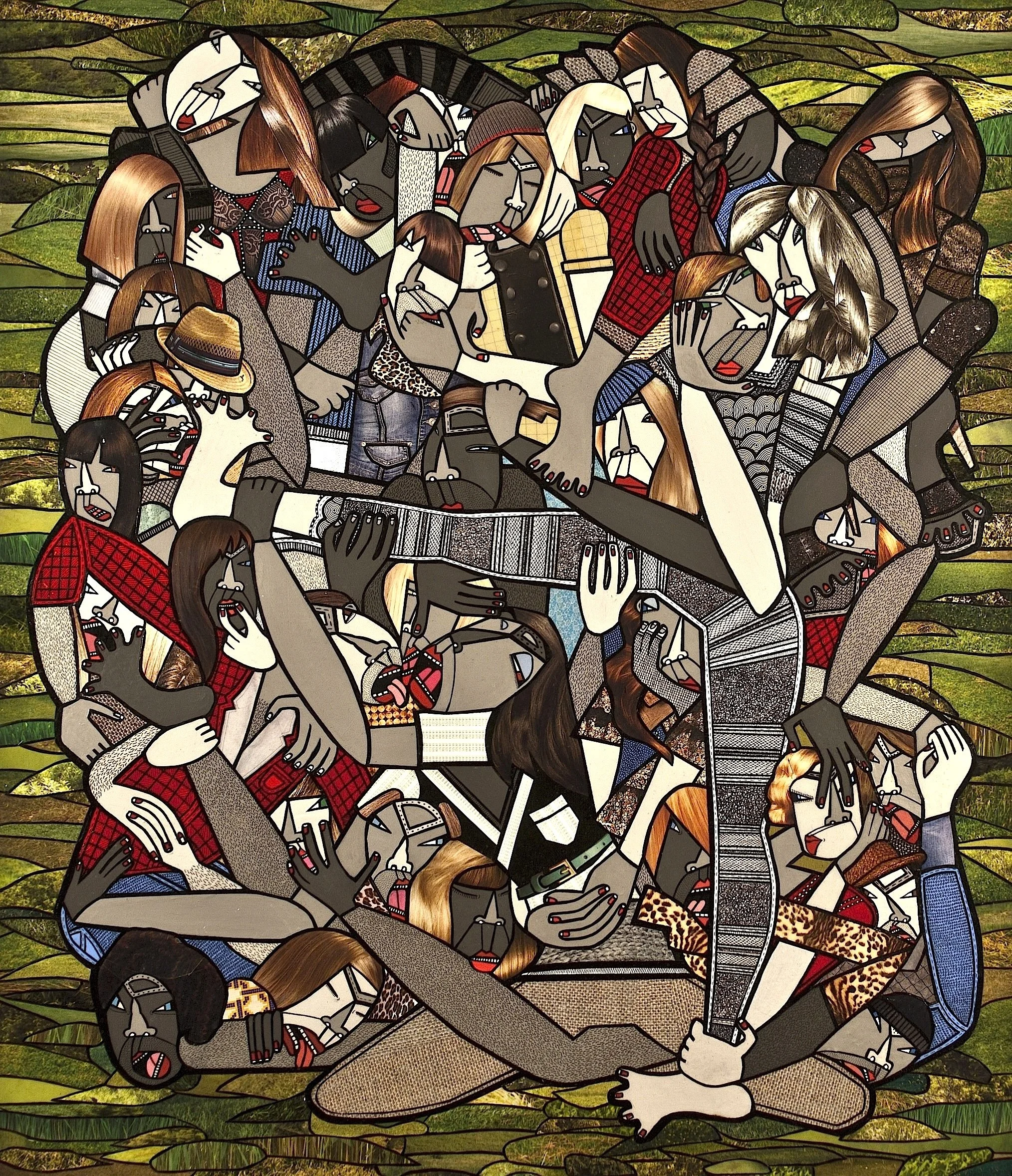   The Modern Plague , 2012, acrylic, ink pen and cut paper collage on canvas 