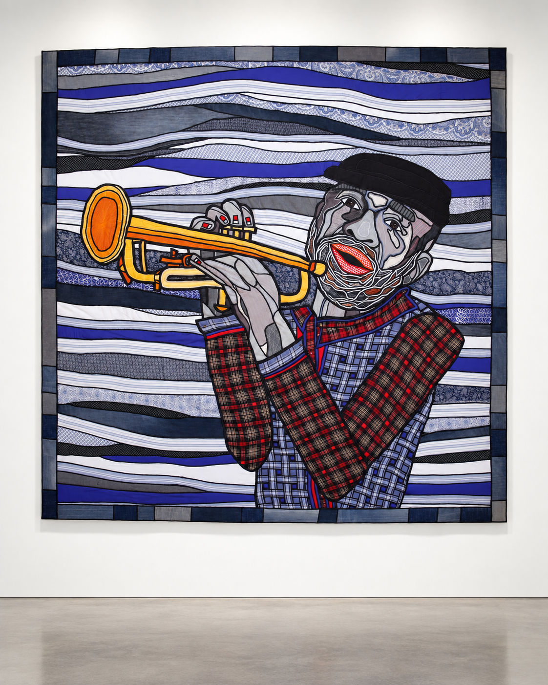   DeWitt Kind of Blue , 2021,  appliquéd textiles, fabrics &amp; thread on stretched raw canvas  83.5 x 83.5 inches 