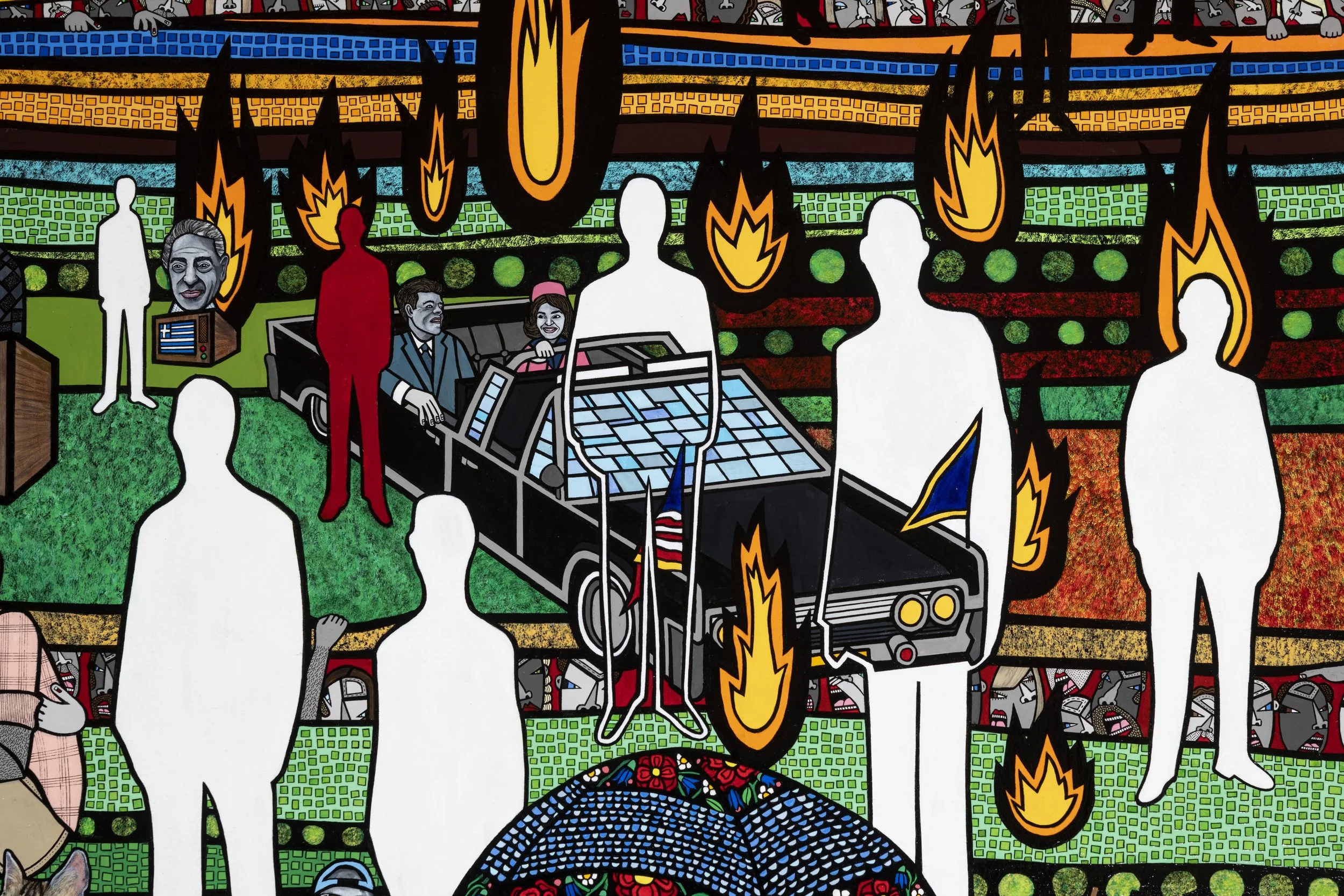    Jackie (Detail)  , 2024, acrylic, ink pen and hand cut paper collage on canvas, 72 x 168 inches. Dimitri Chekaldin/ Jackie’s, Washington DC, United States 