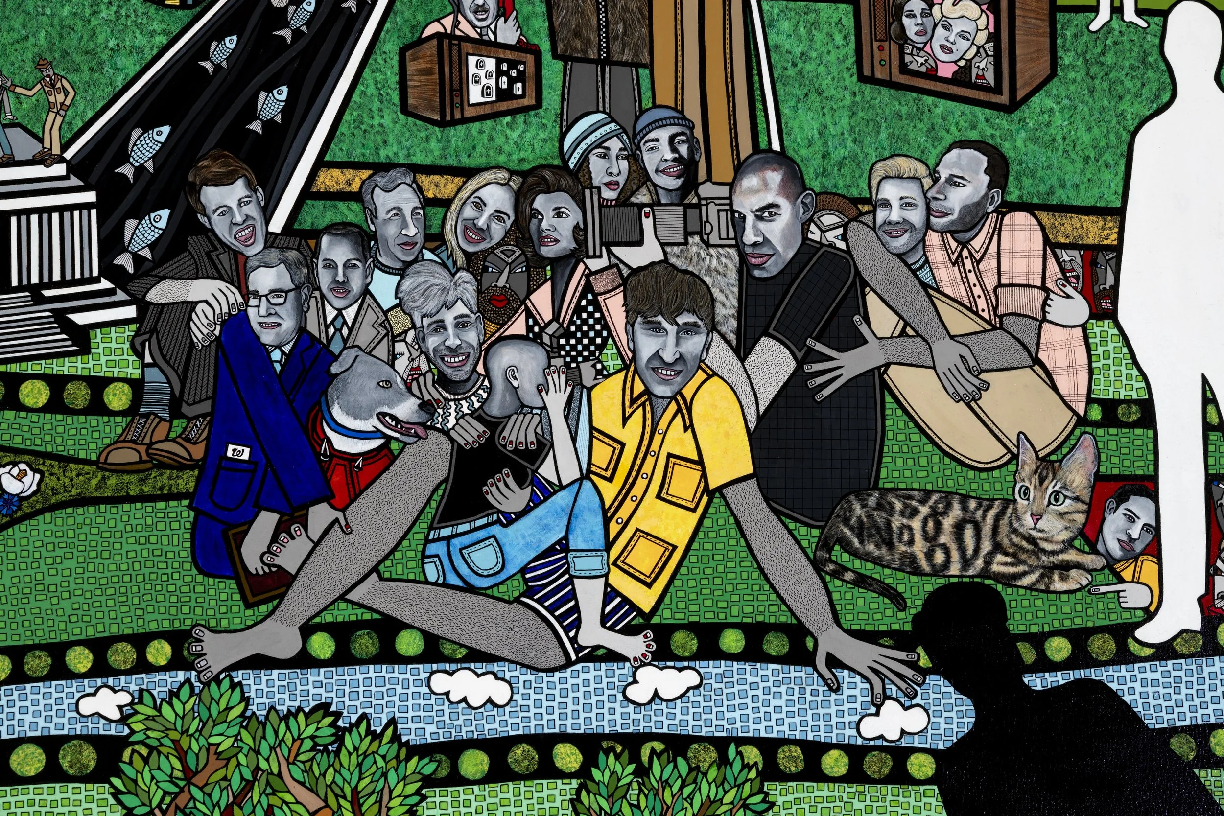    Jackie (Detail)  , 2024, acrylic, ink pen and hand cut paper collage on canvas, 72 x 168 inches. Dimitri Chekaldin/ Jackie’s, Washington DC, United States 