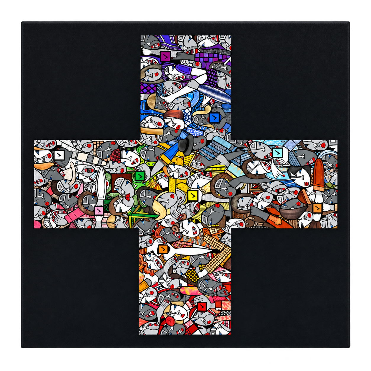  Plus, 2023, Acrylic, ink pe and cut paper collage on canvas, 24 × 24 inches 