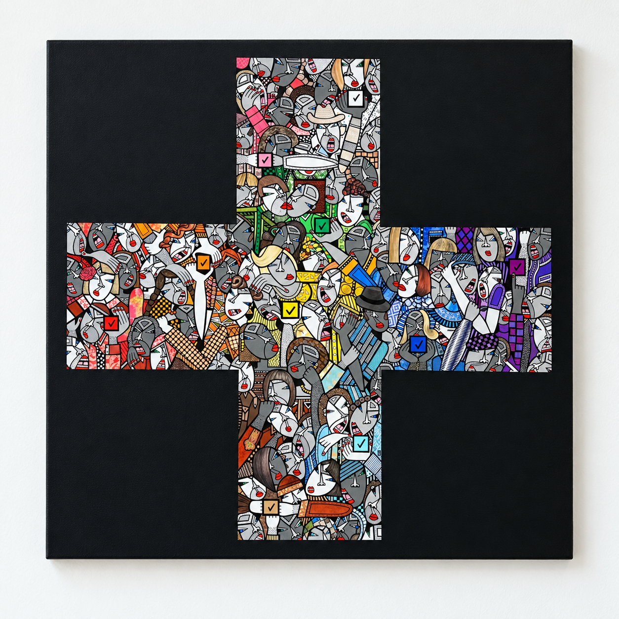  Plus, 2023, acrylic, ink pen and cut paper collage on canvas, 24 x 24 inches, Swatch Art Peace Hotel Art Collection 