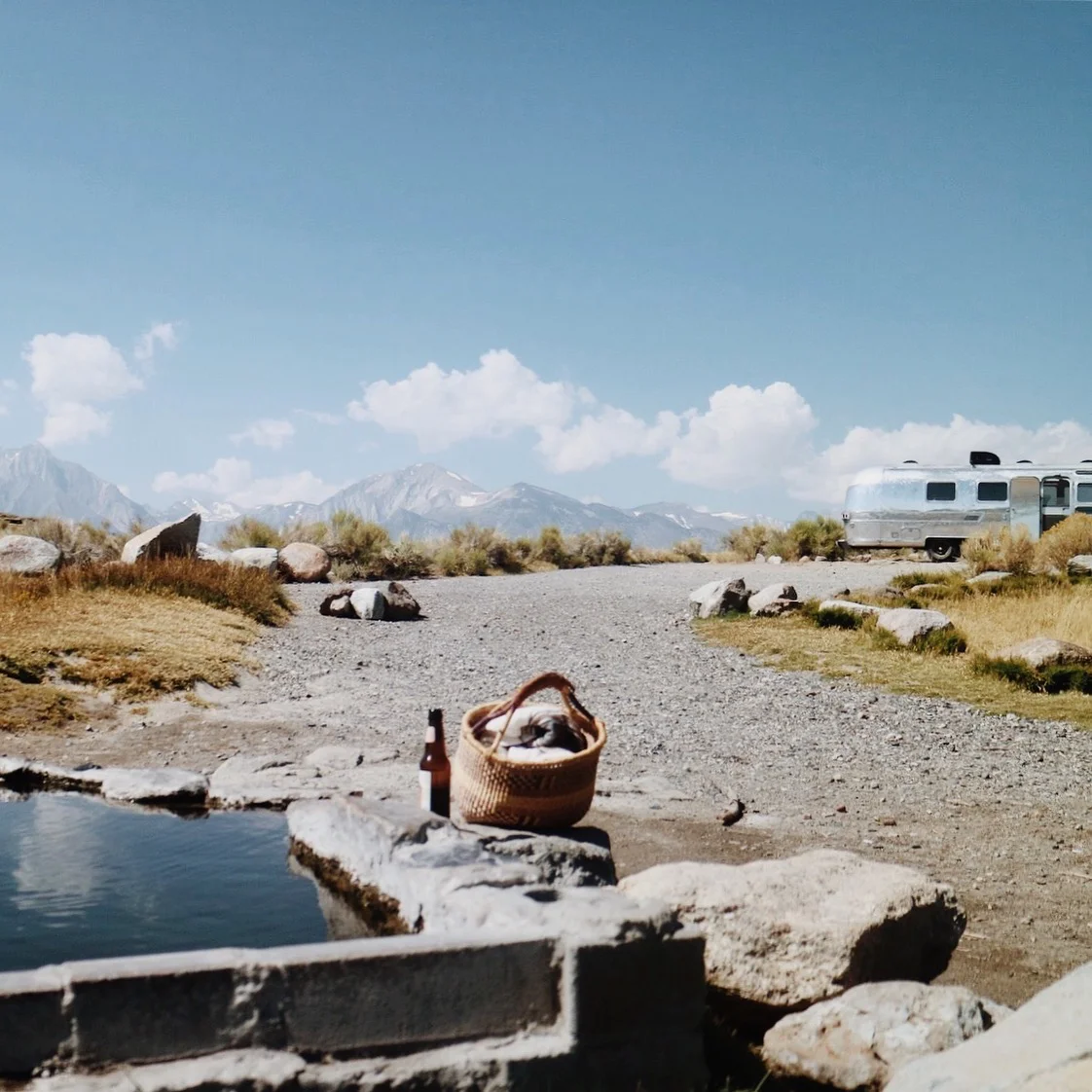 Hot springs off Highway 395, summer 2017 with June. Sites like this one are accessed via washboard roads and don't have hookups. Just the way we like it. 