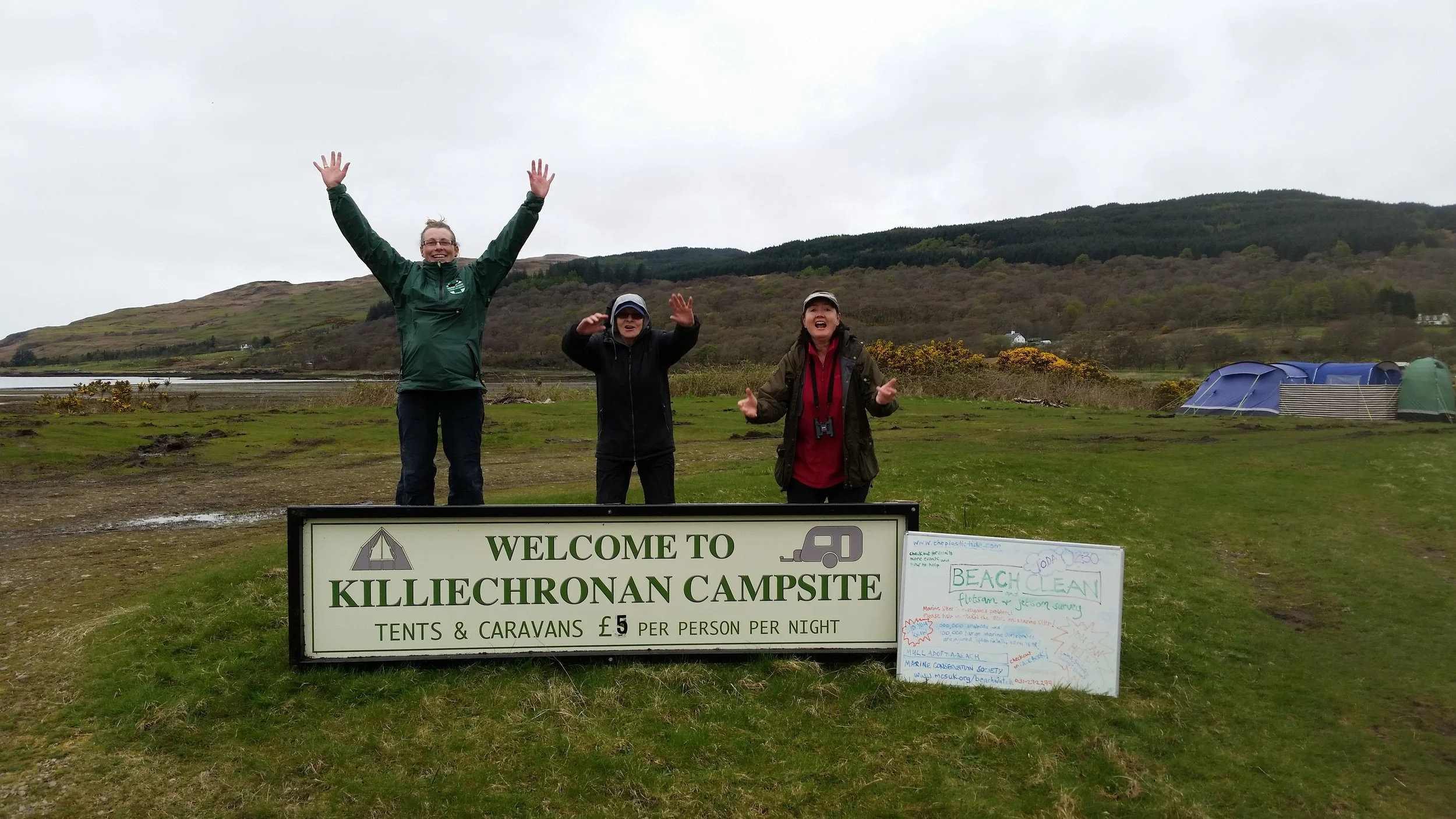 Janie, Cathy and Marie at various stages of the beach clean jump at our hosts campsite.