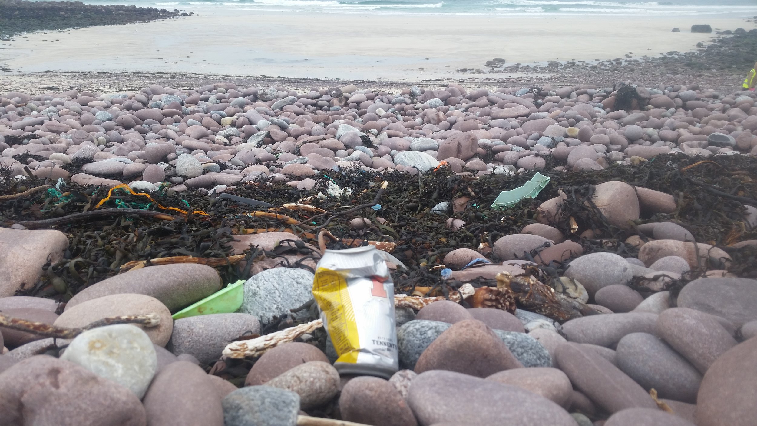 The Plastic Tide line littered with plastic and rubbish, the sandy area is visible at the top of the picture.