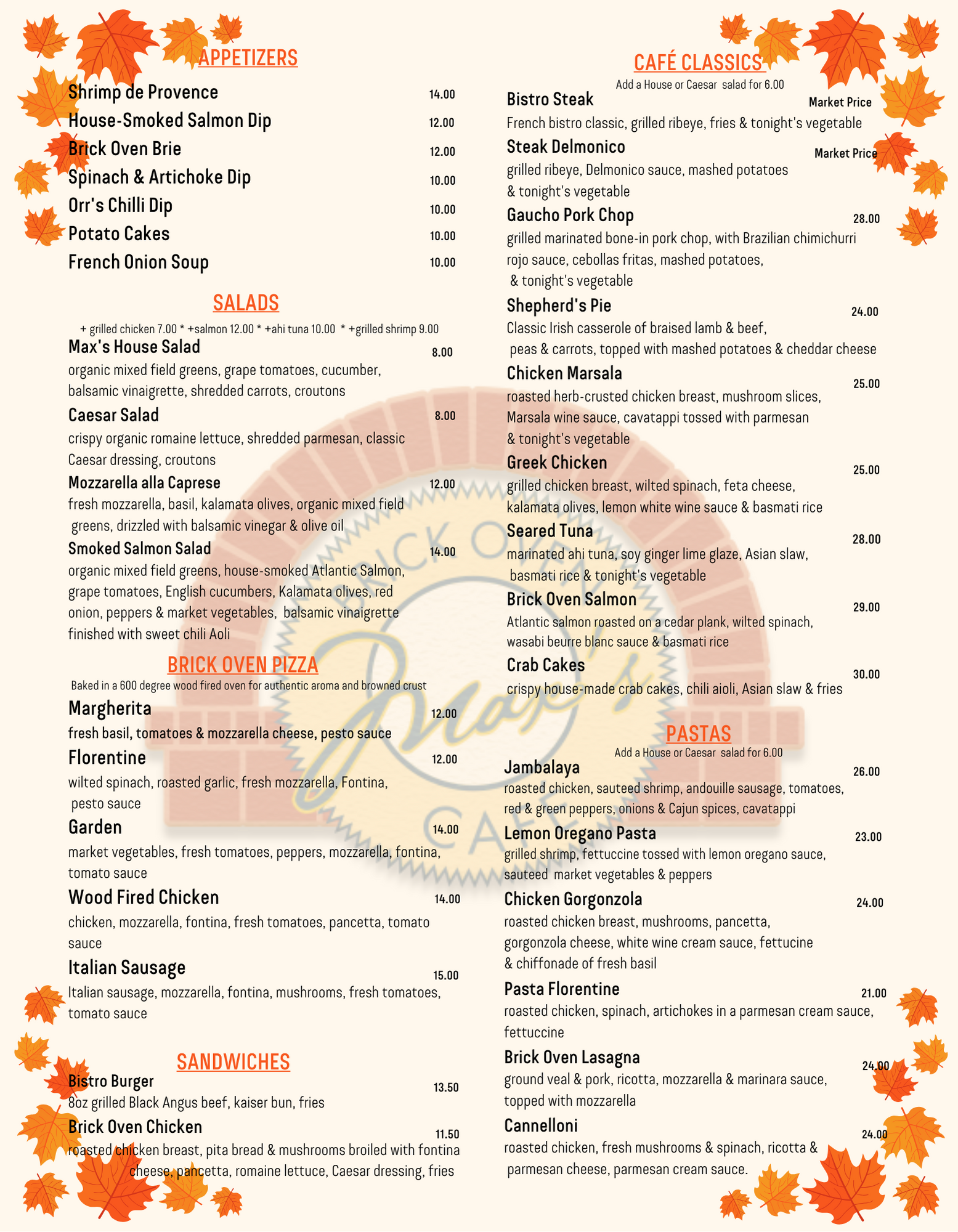 Menu — Max's Brick Oven Cafe