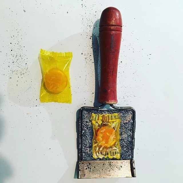 My mom sent over some butterscotch candies ! Thank you mom we love you so much ! This was painted on an antique slicer.