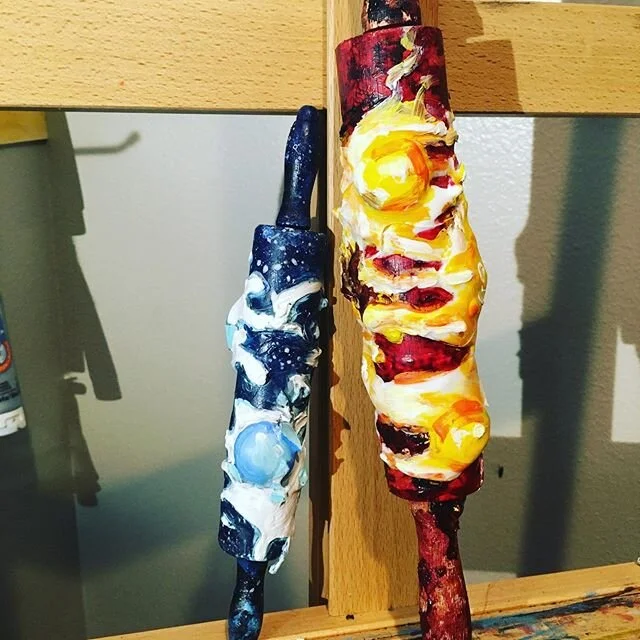 Two rolling pins . One in a starry night the other in a maroon mess. We find ourselves missing the moments we could have had all the time. Life is about loving the present and always learning and remembering the ones we&rsquo;ve lost. Grief is real a