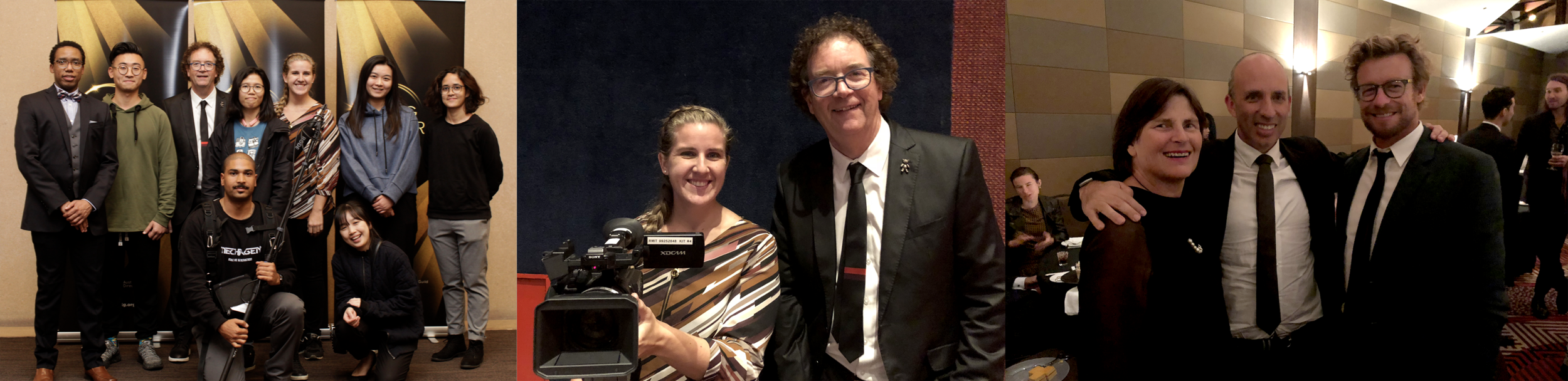 Mark Poole (Head of ADG Victoria), Master of Media students, Sue Maslin (film producer) and Simon Baker (actor/director) at the ADG awards