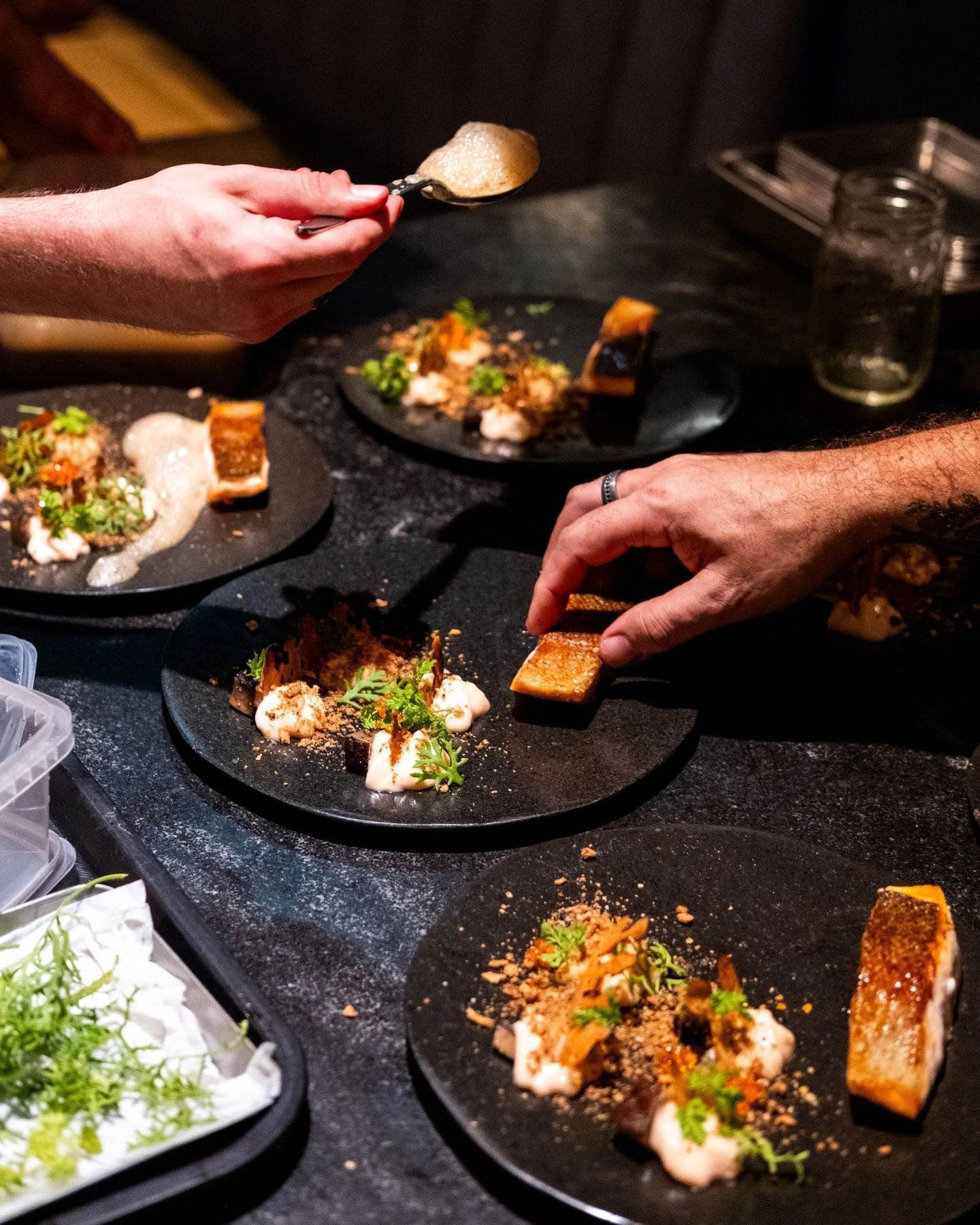 The pass transforms into a river full of Sierra Nevada trout, swimming towards your table.	

#merchantroots #feastofmosswoods #trout #sierranevada