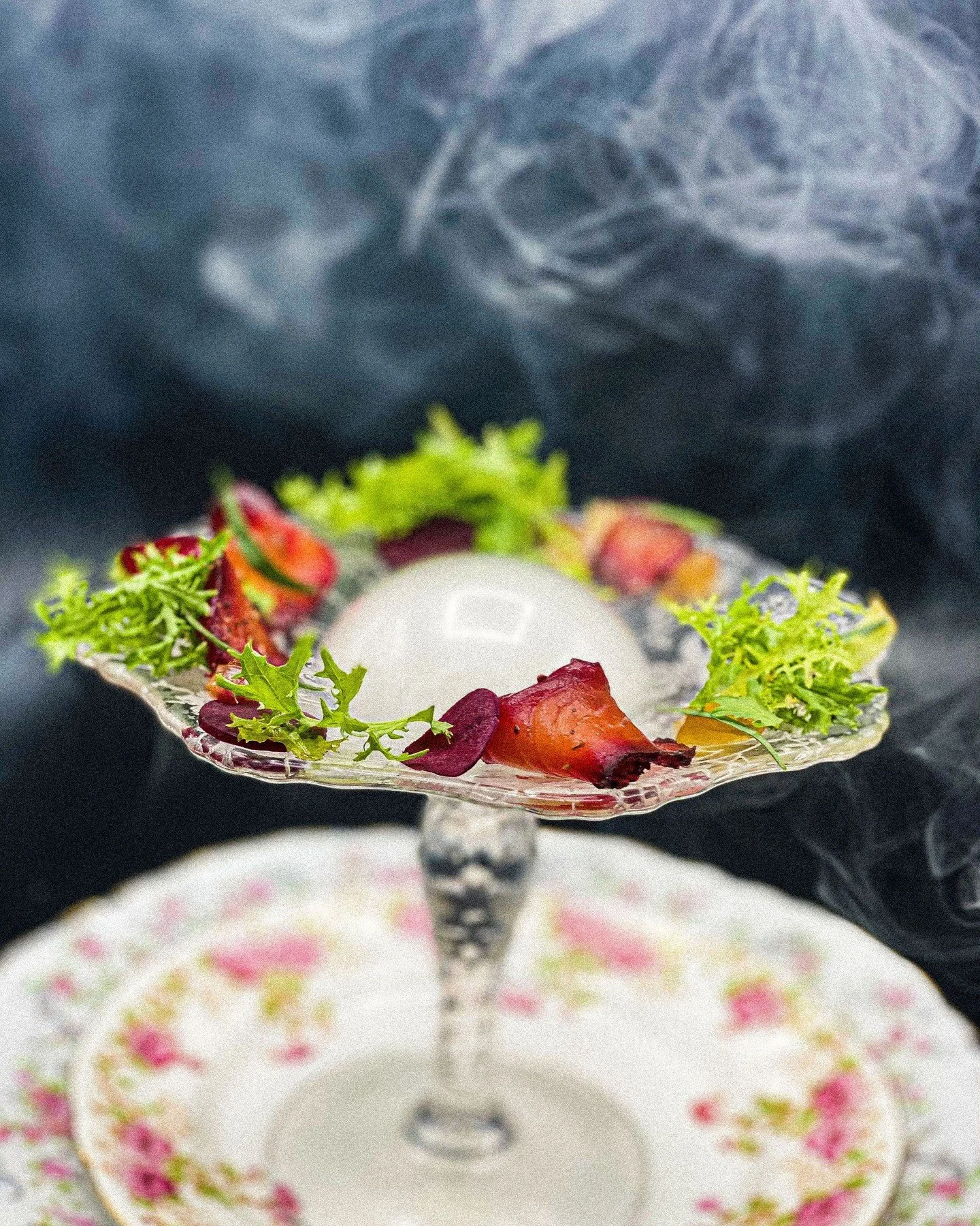 Beet-Cured Gravlax. Arctic char gravlax, pickled shallots, Earl Grey gel&eacute;e, cedar smoke bubble, pickled beets. Delicate, light, whimsical - the perfect way to get things rolling before we fall down the rabbit hole.	

#merchantroots #madteapart