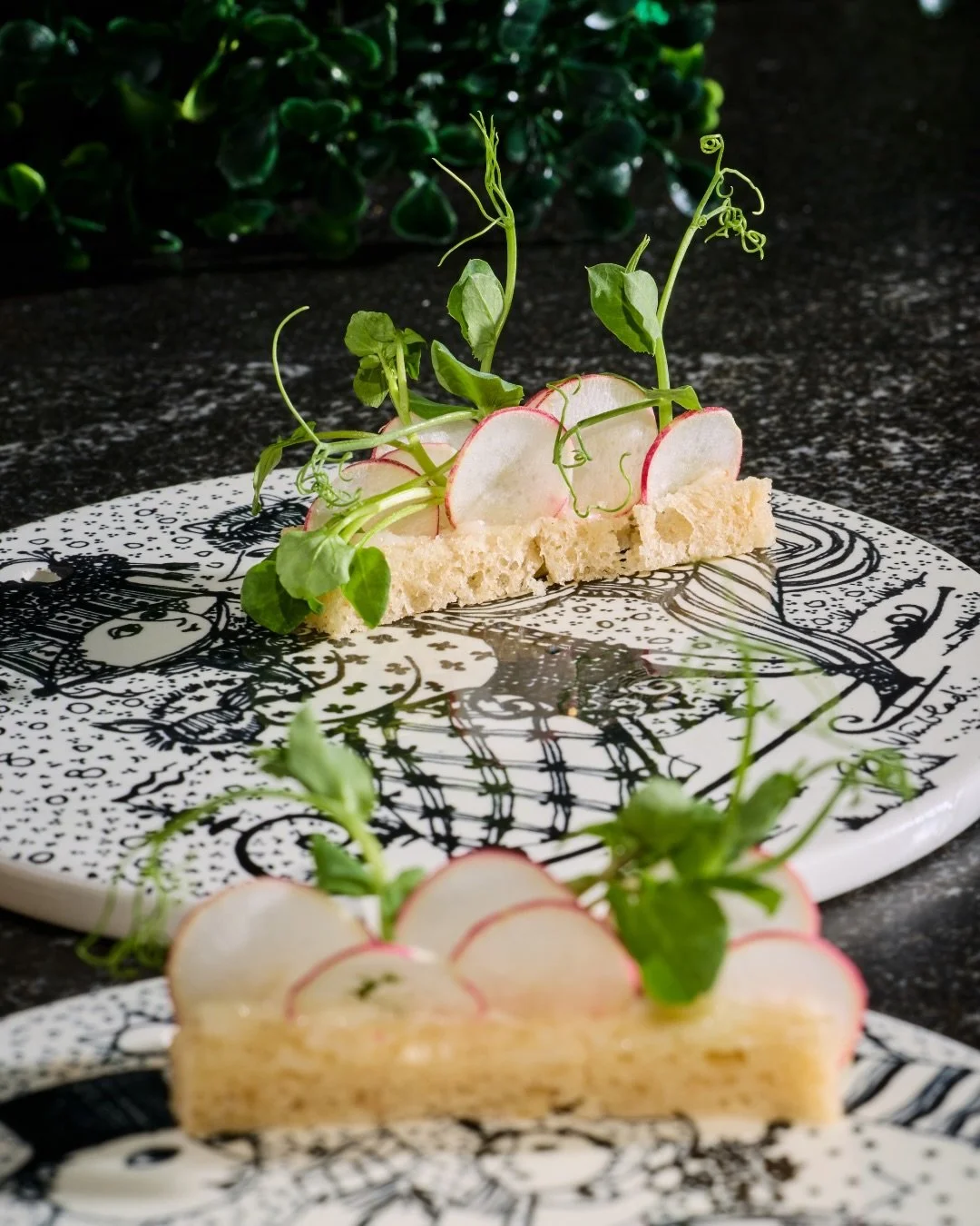 Stop 1 at our party: tea sandwich with radish to keep things mad-ish. More mayhem right this way...	

#merchantroots #teasandwich #madteaparty #seasonalmenu